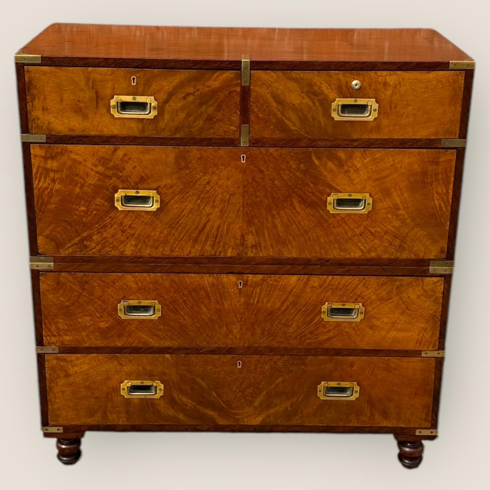 Antique Victorian Figured Walnut & Brass Campaign Chest of 5 Drawers (1 of 13)