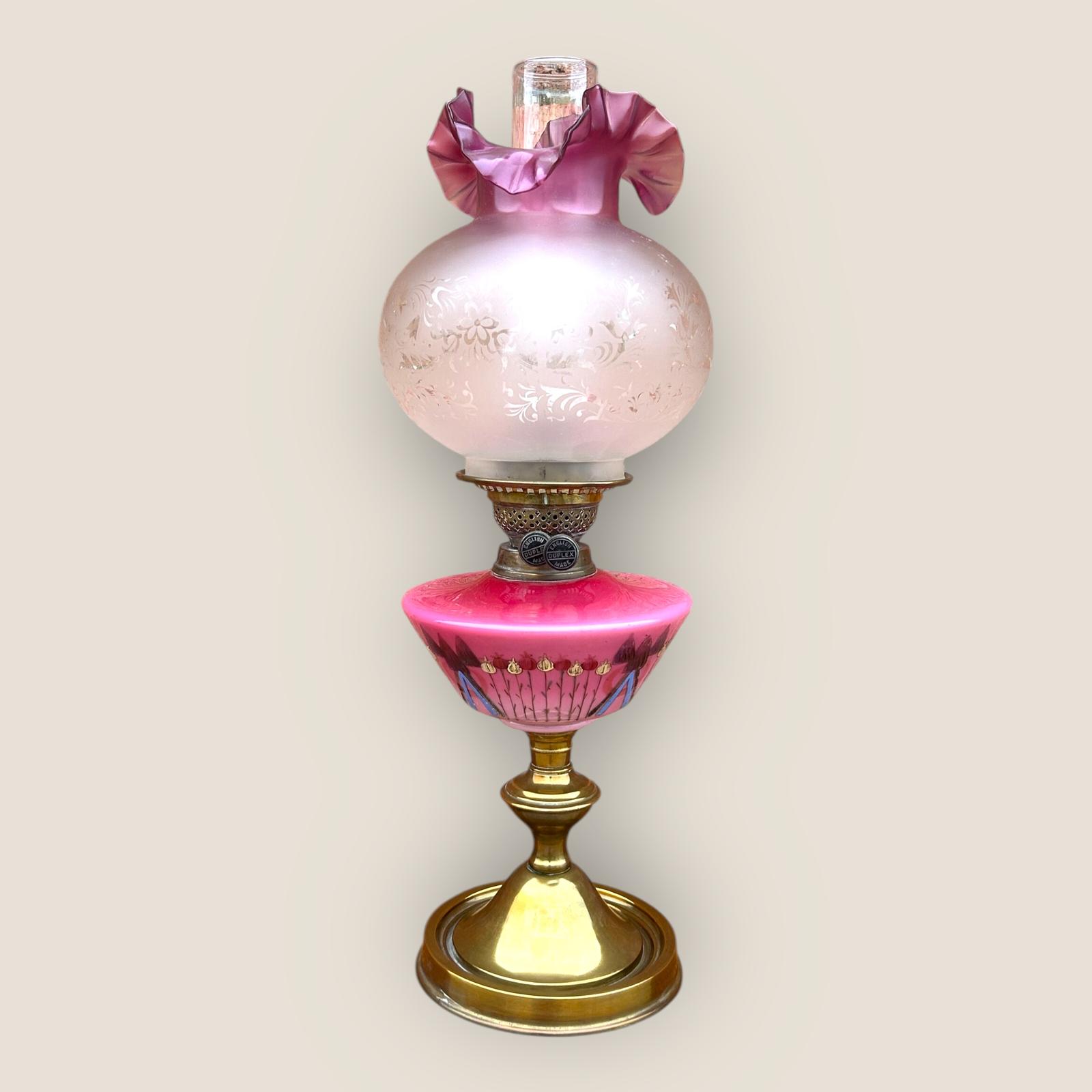 Antique Pink Glass Brass Oil Lamp (1 of 10) Antique Pink Glass Brass Oil Lamp (1 of 10)
