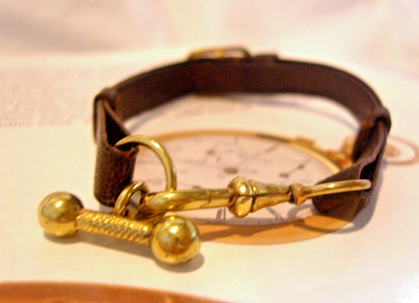 Pocket Watch Chain Albert 1920s Brown Leather with Brass Dumb Bell T Bar (1 of 10)