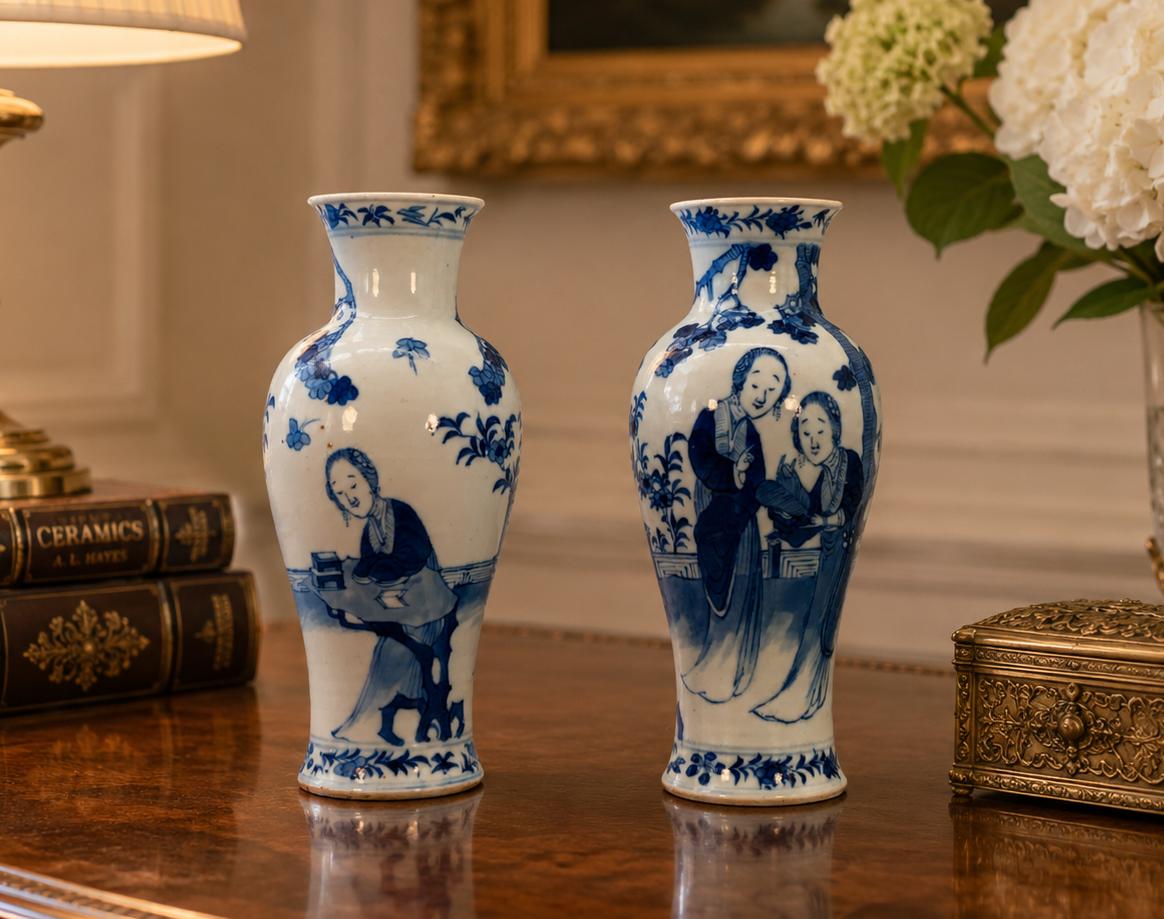 Pair of Antique Chinese Blue & White Porcelain Vases Figural Ladies Kangxi Style (1 of 13) Pair of Antique Chinese Blue & White Porcelain Vases Figural Ladies Kangxi Style (1 of 13)