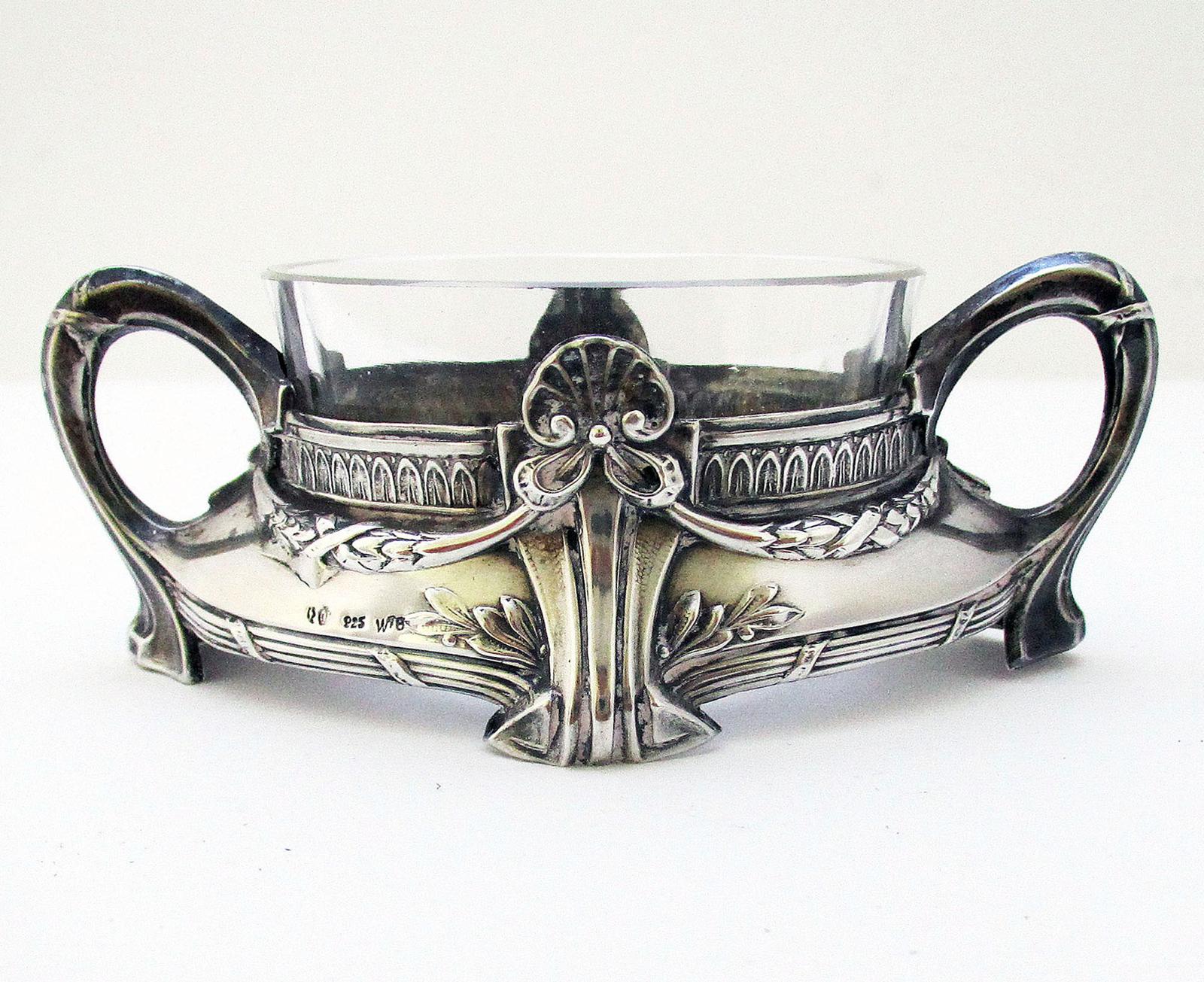 German Art Nouveau 925 Solid Sterling Silver & Glass WMF Style Antique Salt Cellar Dish - Wilhelm Binder c.1905 (1 of 7) German Art Nouveau 925 Solid Sterling Silver & Glass WMF Style Antique Salt Cellar Dish - Wilhelm Binder c.1905 (1 of 7)