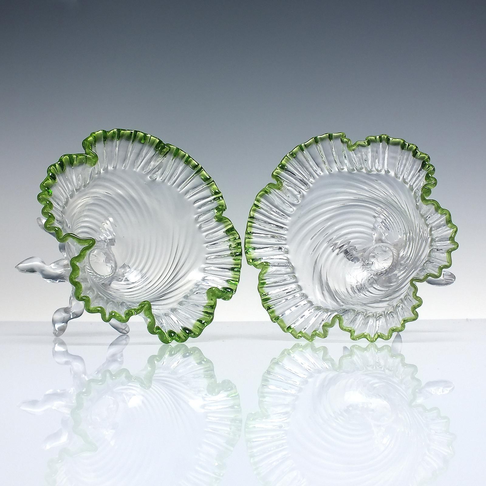 Pair Victorian Wrythen Green Crimped Glass Berry Bowls c.1885 (1 of 4)