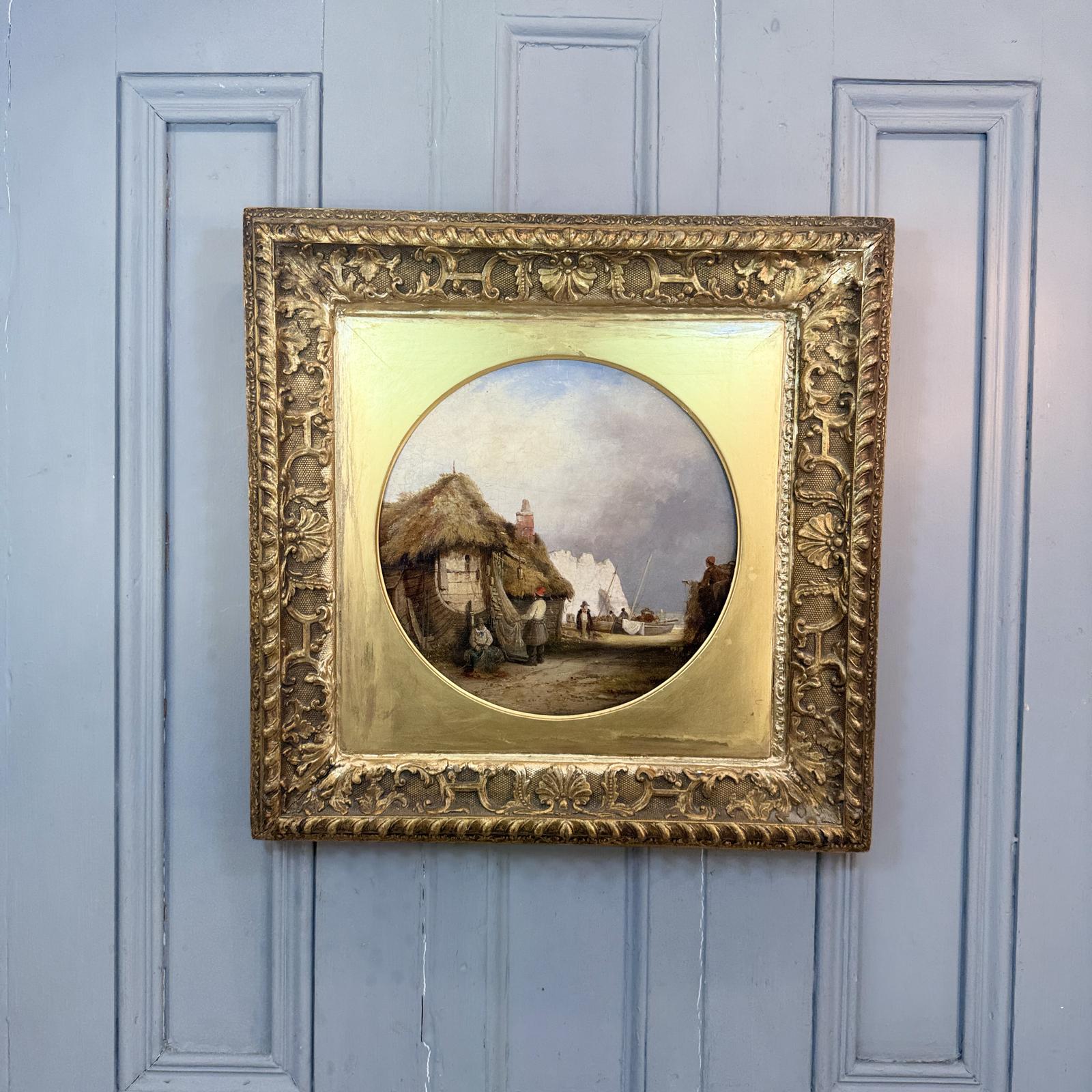 Antique Coastal Landscape Oil Painting Study of Fisher Folk Mending Their Nets by William Shayer (1 of 12)