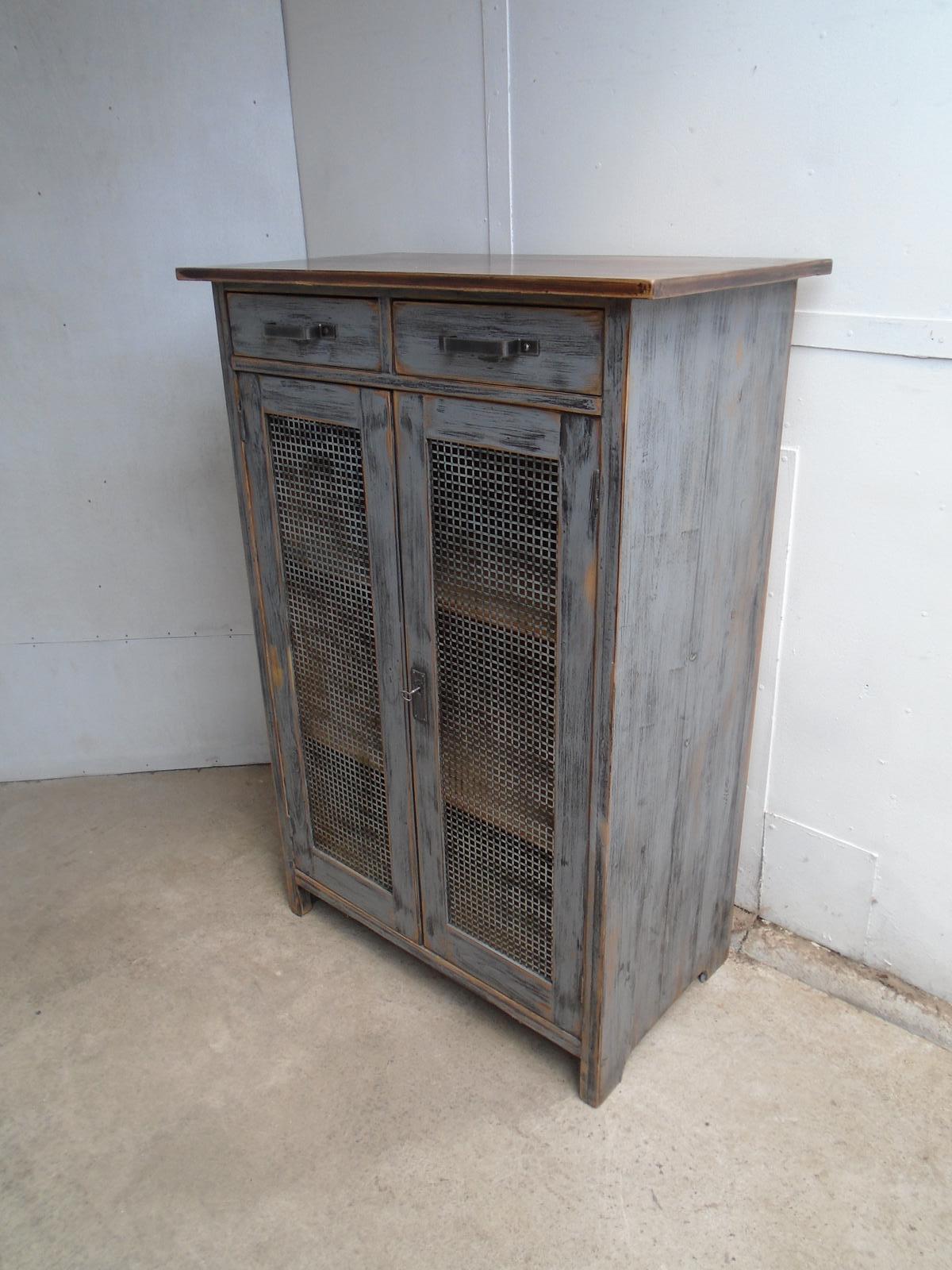 Victorian Antique Pine Painted Grey Grilled Storage 2 Door Cupboard (1 of 10)