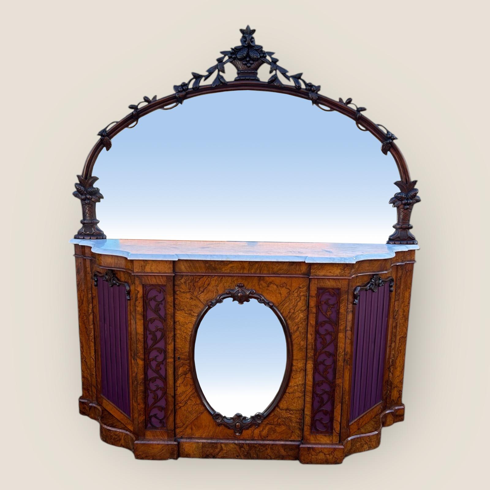 Antique Victorian Walnut & Marble Topped Carved Mirror Backed Sideboard Credenza (1 of 7)
