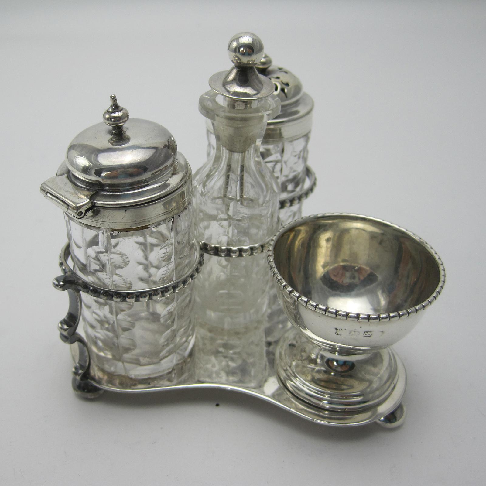 Victorian Three Bottle Silver and Cut Glass Cruet Set (1 of 5)
