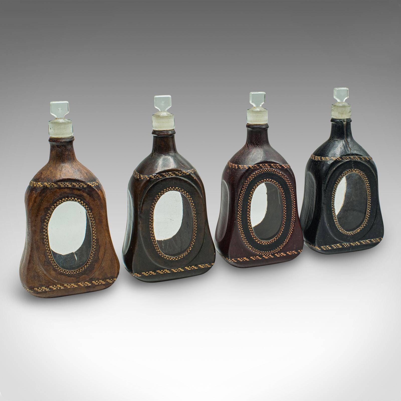 Set of 4 Antique Spirit Bottles, English, Leather, Glass Decanter c.1900 (1 of 12)