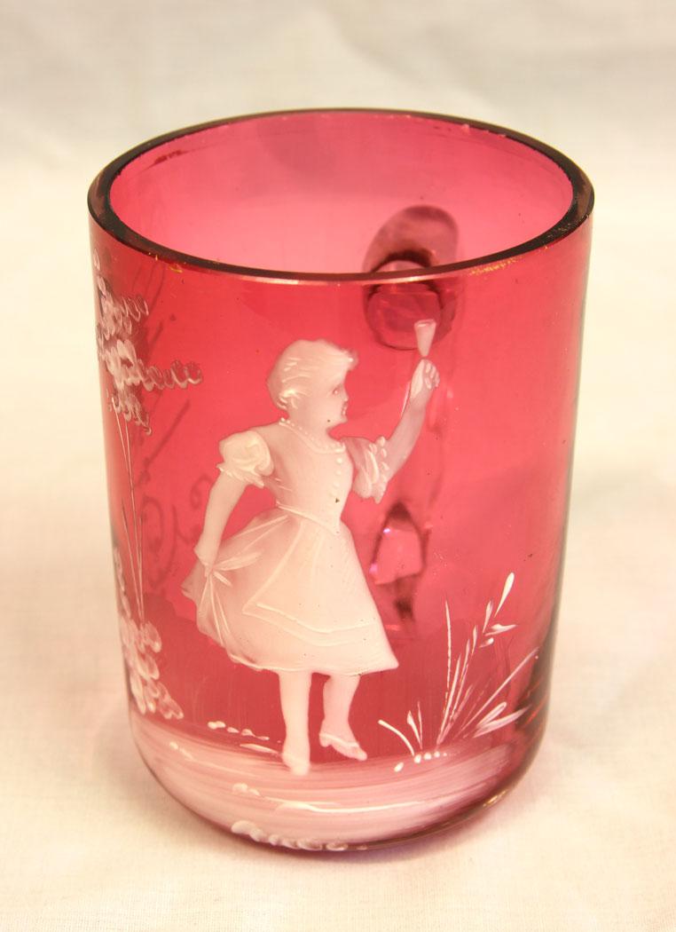 Antique Victorian Mary Gregory Cranberry Glass Mug (1 of 6)