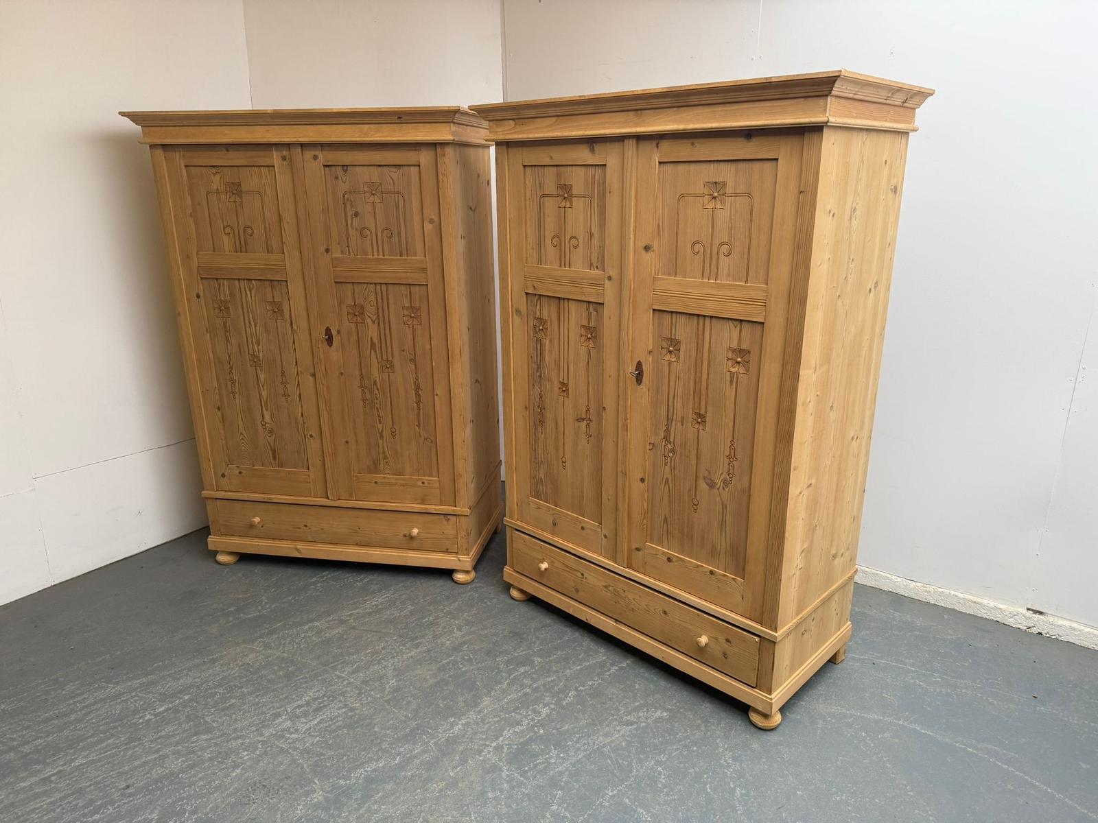 A Pair of Carved Antique/old Pine Arts&crafts Knockdown Wardrobes to Wax / Paint (1 of 13)