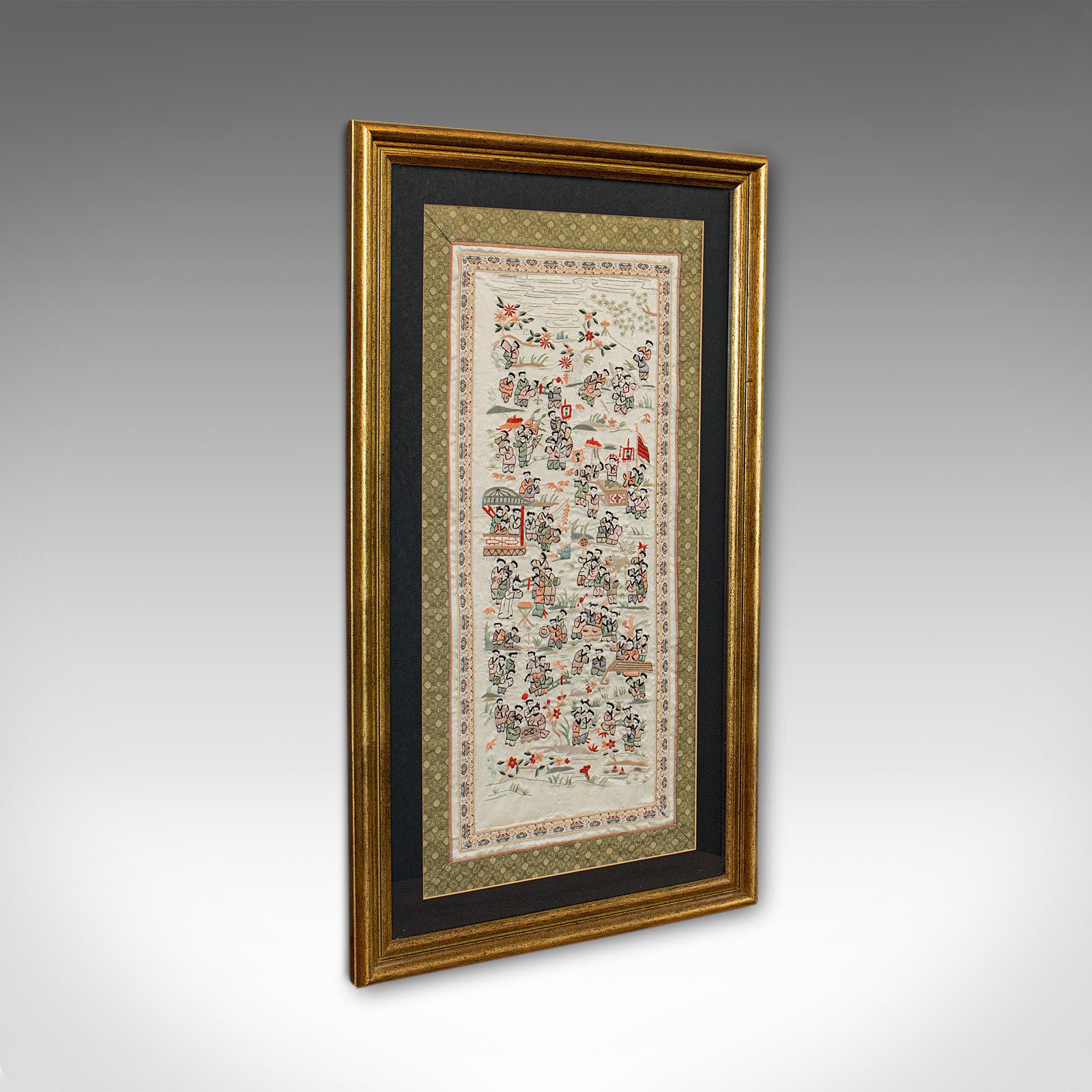 Antique Framed Silk Panel, Oriental, Embroidered, Decorative, 100 Children, 1900 (1 of 1)