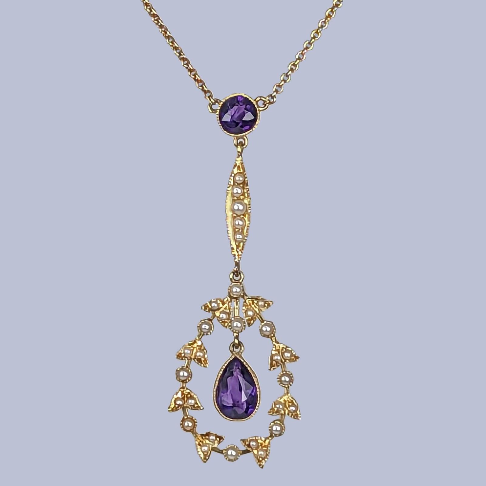 Hamilton & Co Victorian Amethyst & Pearl Necklace – Antique 15ct Gold Pendant c.1890 (1 of 11)