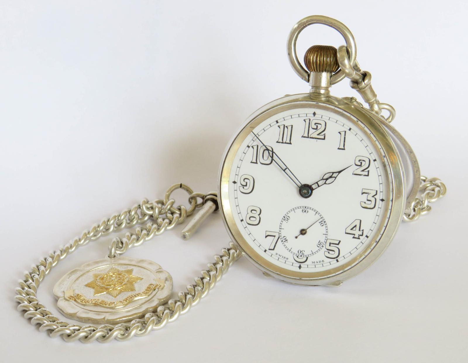 Pocket Watch : Antique Silver Pocket Watch, Chain & Military Fob (1 of 5)