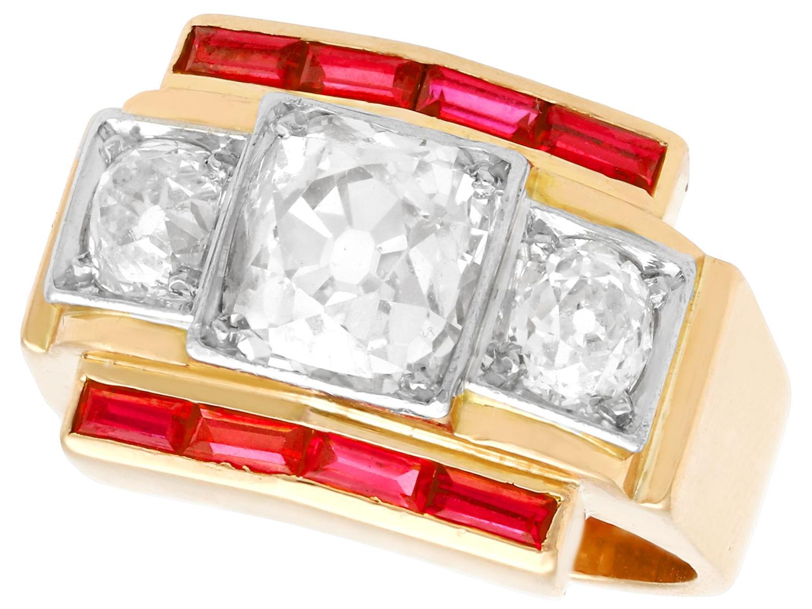 2.28ct Diamond & 0.52ct Ruby, 18ct Yellow Gold Dress Ring - Vintage French c.1940 (1 of 14)