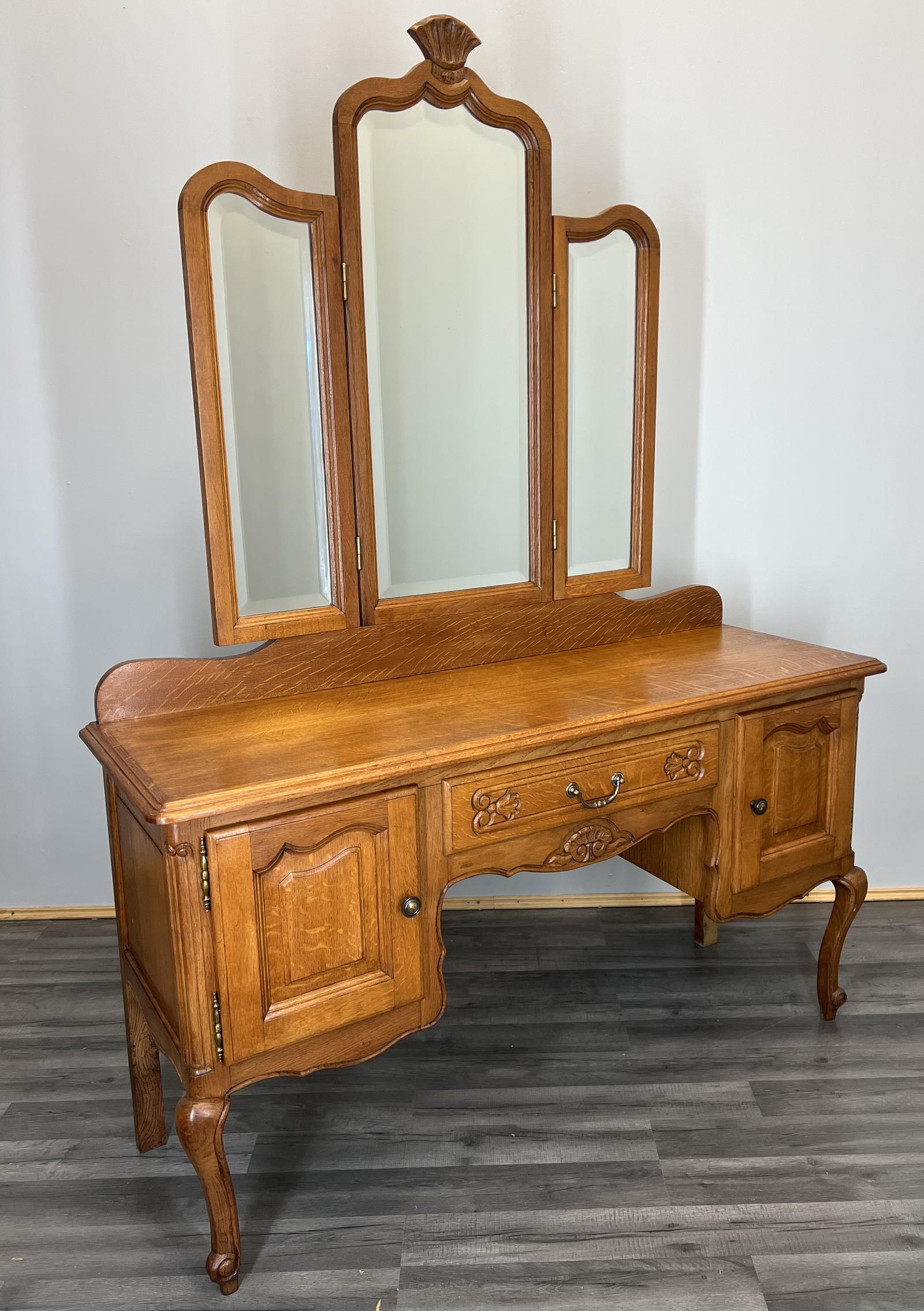 Vintage Dressing Table with Mirror French Oak Vanity Table Makeup (1 of 11)