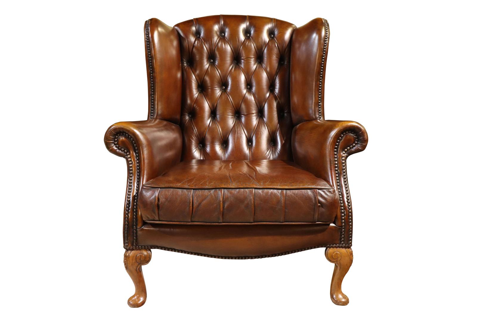 Mid-20th Century Brown Leather Wing Chair with Walnut Cabriole Legs – Circa 1960s (1 of 5)