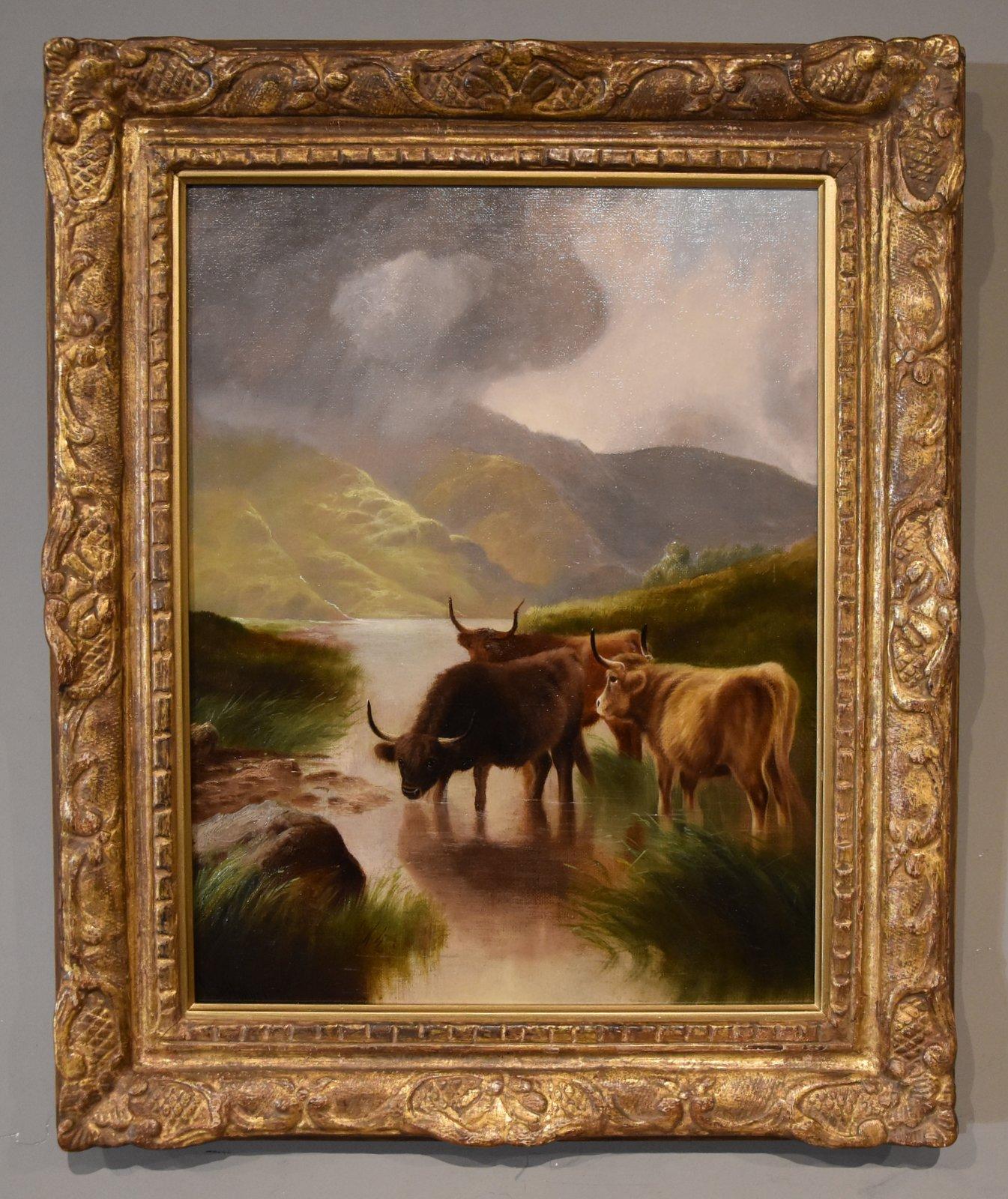 Oil Painting by William Perring Hollyer - Cattle in a Highland Glen (1 of 5)