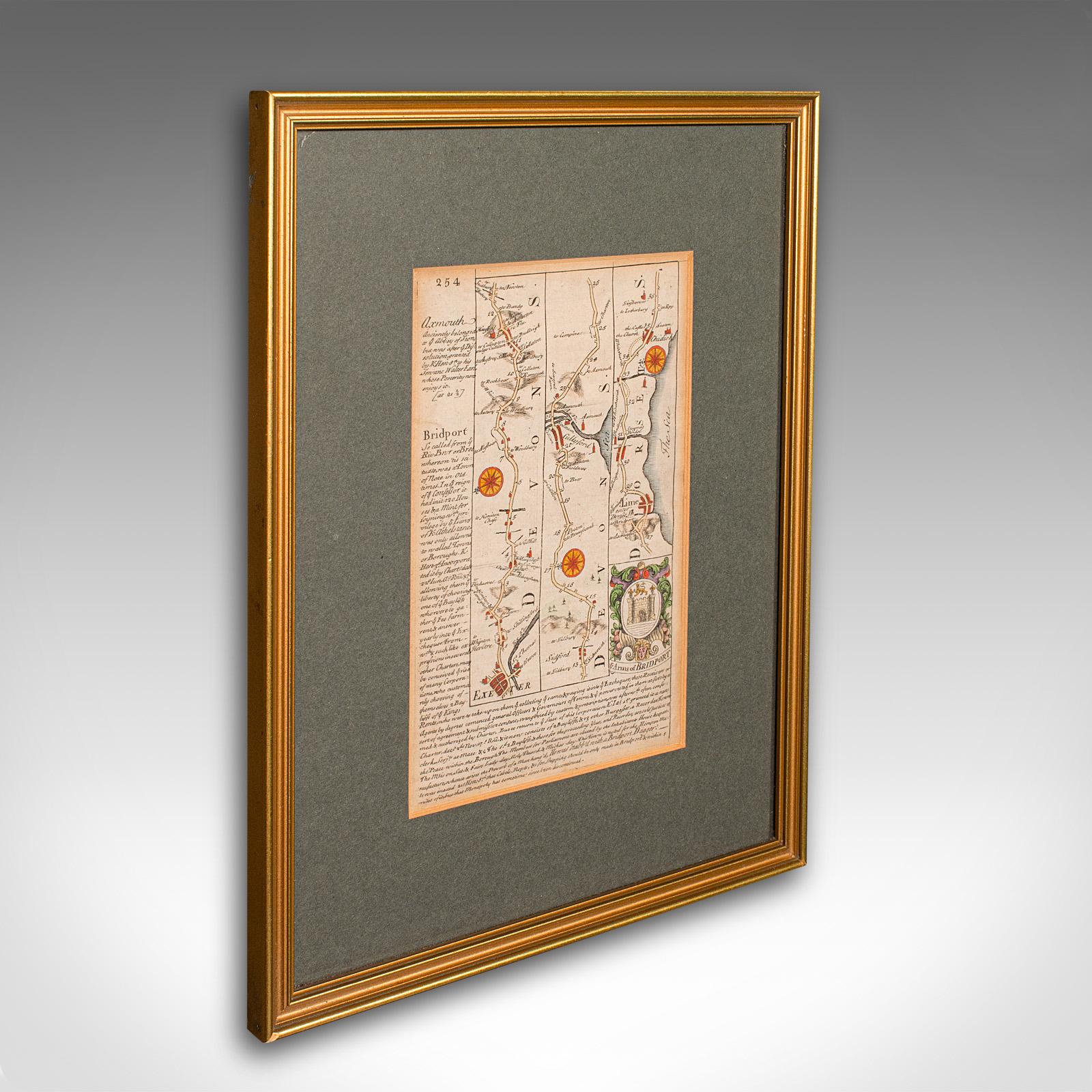 Antique Coach Road Map, East Devon, English, Framed, Cartography - Georgian c.1720 (1 of 12)