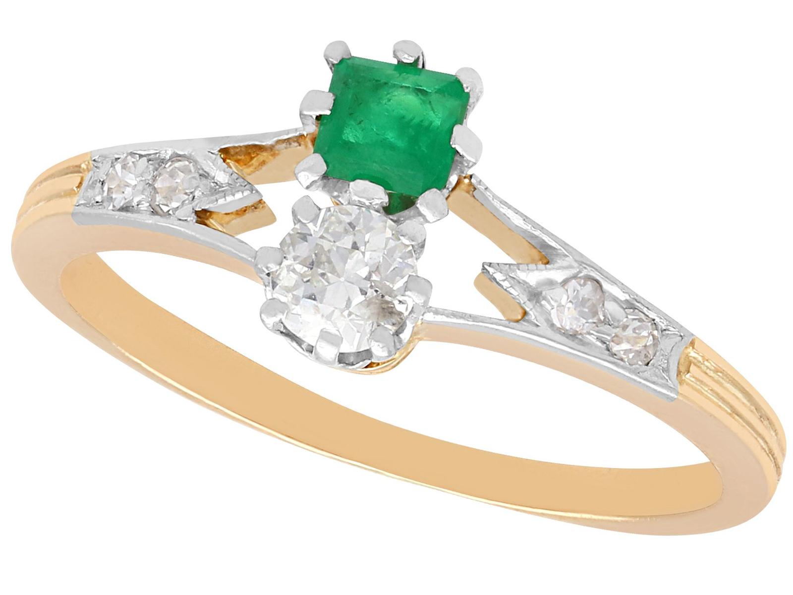 Antique 0.24ct Emerald & 0.23ct Diamond 14ct Yellow Gold Dress Ring c.1920 (1 of 9)