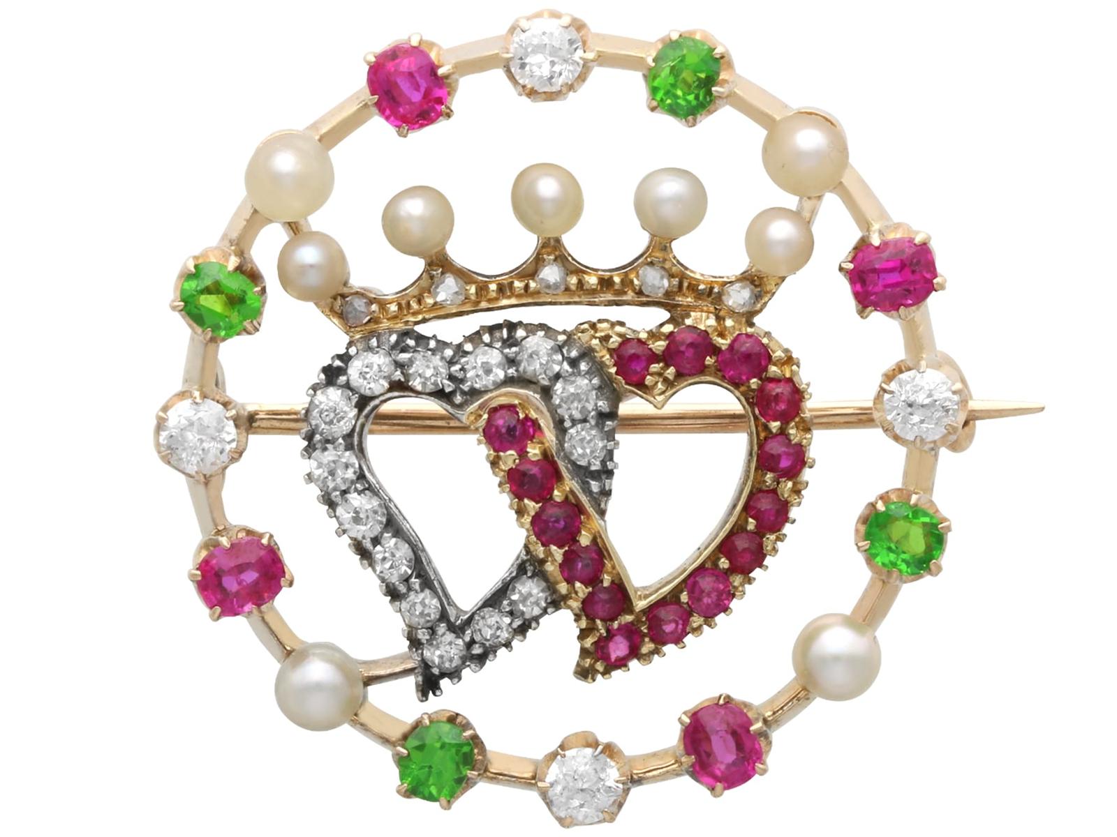Antique Pearl, 0.30ct Demantoid Garnet, 0.45ct Ruby and 0.35ct Diamond and 14k Yellow Gold Sweetheart Brooch Circa 1890 (1 of 10)