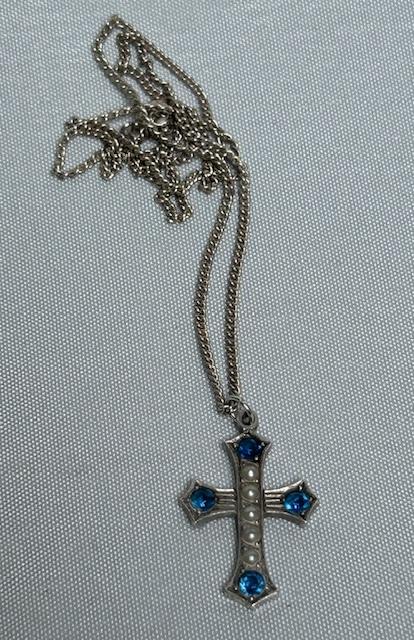 Victorian Silver, Sapphire Paste & Seed Pearl Cross & Chain (1 of 7)
