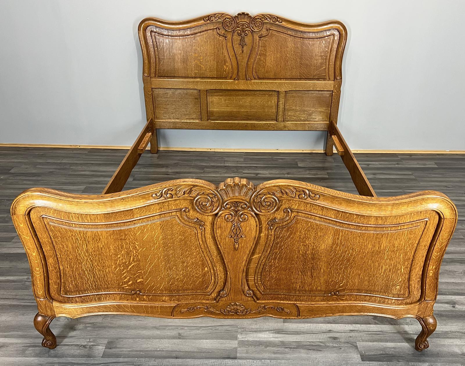 Bed - Vintage French Double Bed Frame Oak Carved Headboard (1 of 11)
