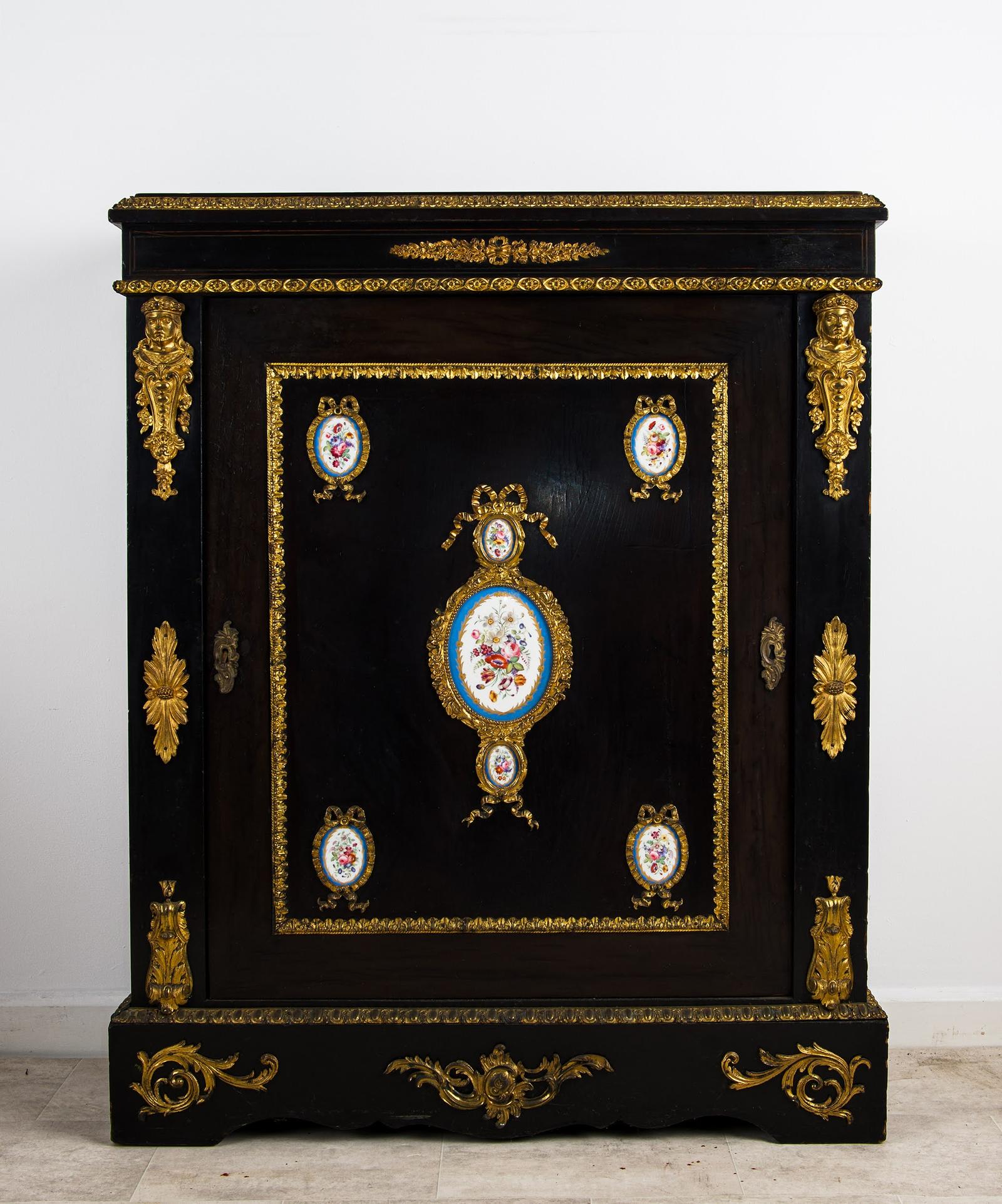 Antique French Ebonised Ormolu Mounted Cabinet with Sevres Style Porcelain Plaques (1 of 6) Antique French Ebonised Ormolu Mounted Cabinet with Sevres Style Porcelain Plaques (1 of 6)