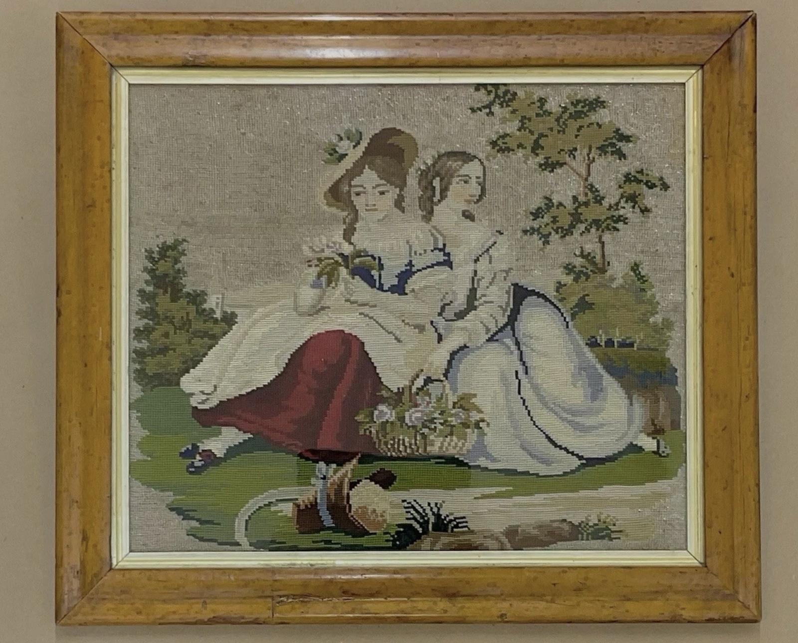 Victorian Berlin & White Bead Embroidery of Two Ladies in Maple Frame Antique c.1880 (1 of 5) Victorian Berlin & White Bead Embroidery of Two Ladies in Maple Frame Antique c.1880 (1 of 5)