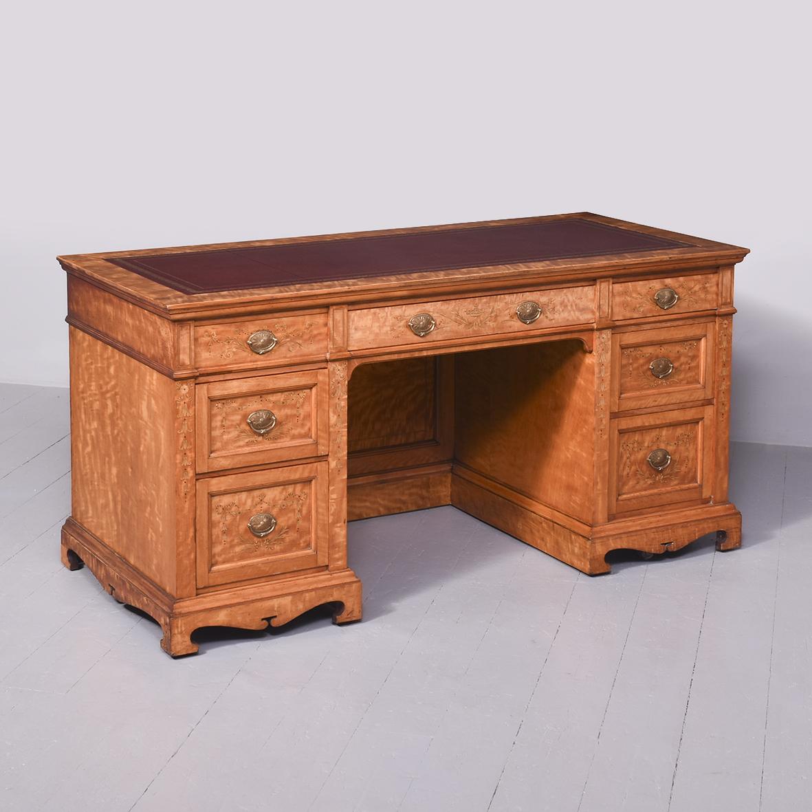 Magnificent Large Inlaid Satinwood Victorian Desk with Burgundy Leather Top (1 of 11)