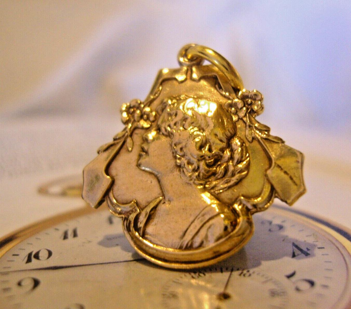 Fob Art Nouveau 1910 Pocket Watch Chain Antique Brass Maiden Fob (1 of 6)