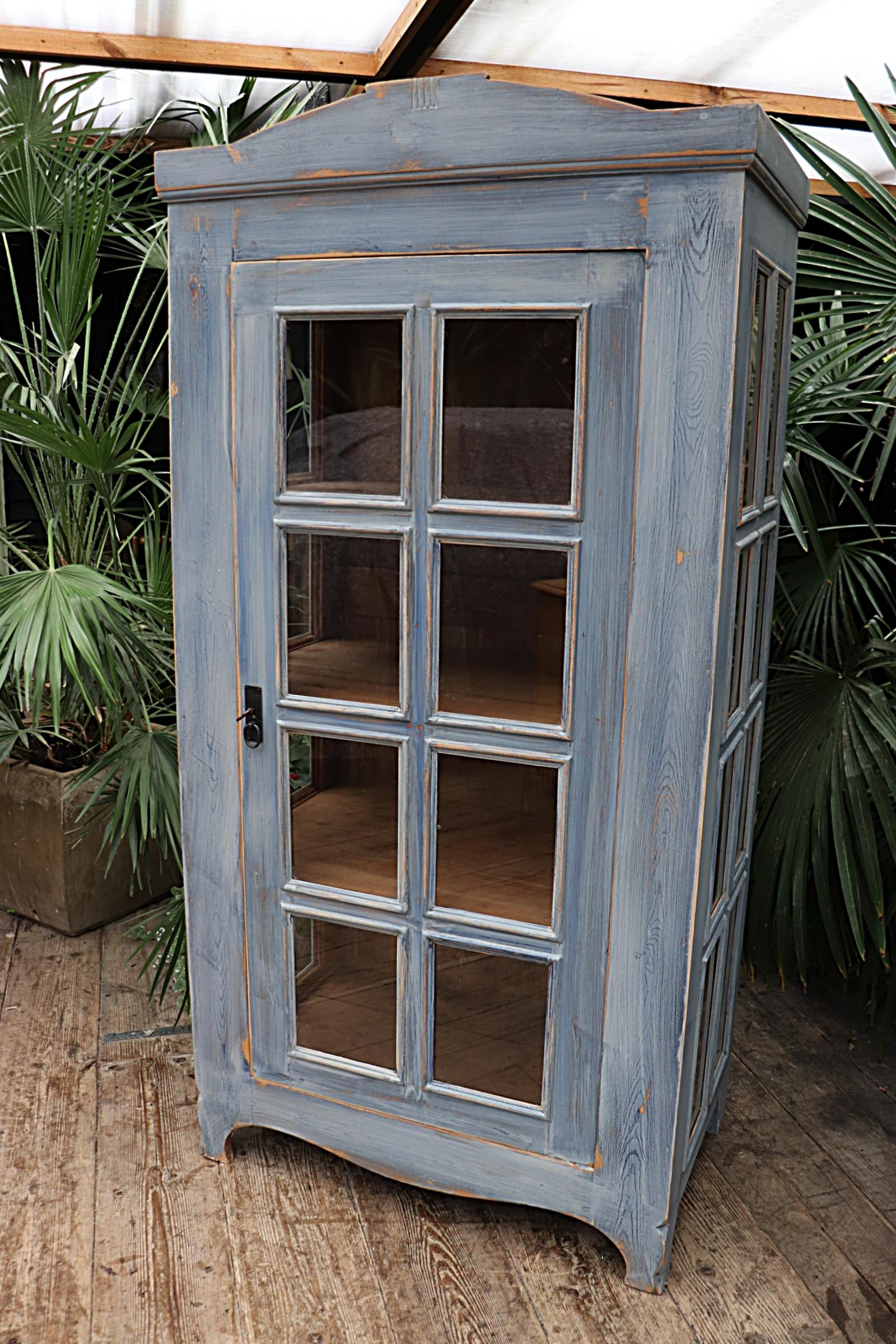 Wow! Old Pine & Blue / Grey Painted Glazed Display Cabinet (1 of 11)