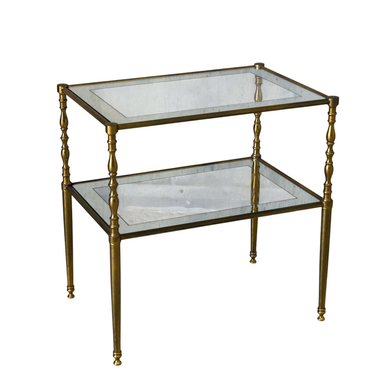 Mid-Century Two-Tier Brass Table with Glass Tops & Mirrored Borders (1 of 9)