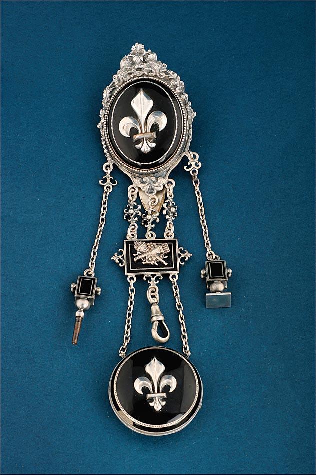 Antique French Leontine or Chatelaine in Silver-plated Metal and Enamel. France, Circa 1840 (1 of 10)