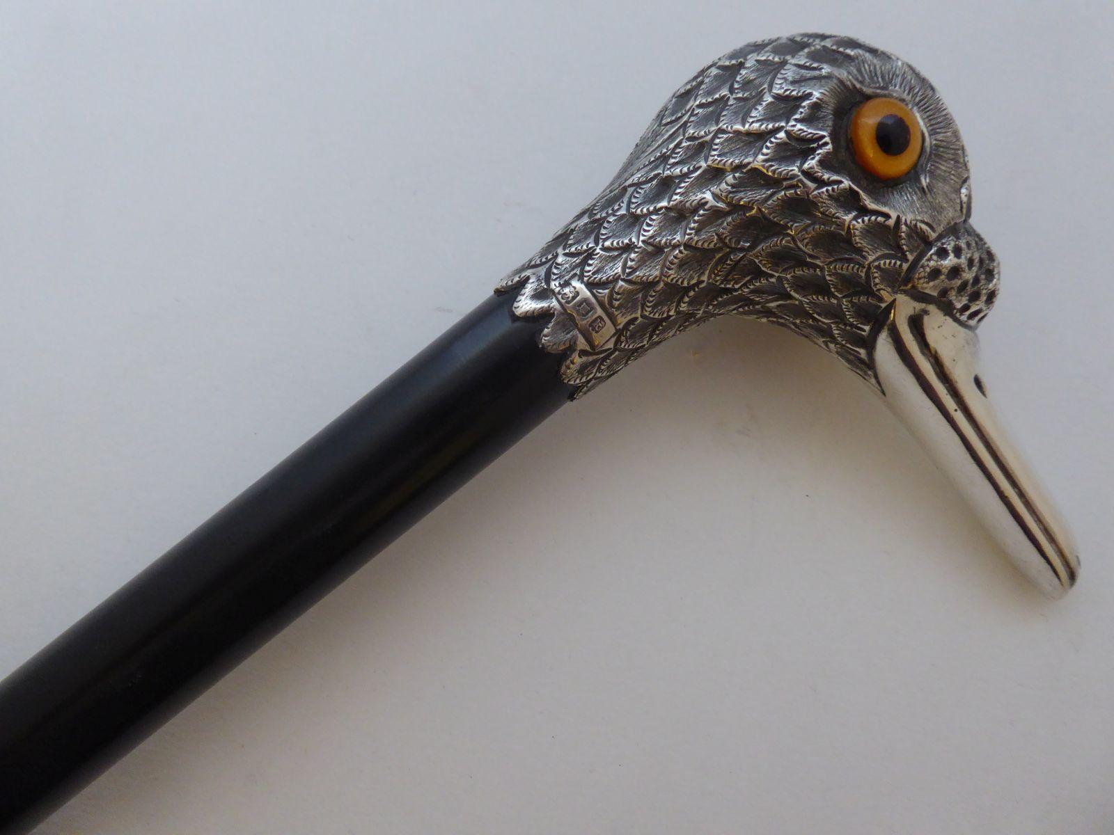 Rare Duck Walking Stick Cane 1905 Hallmarked Solid Silver Pommel Ebony Shaft (1 of 13)
