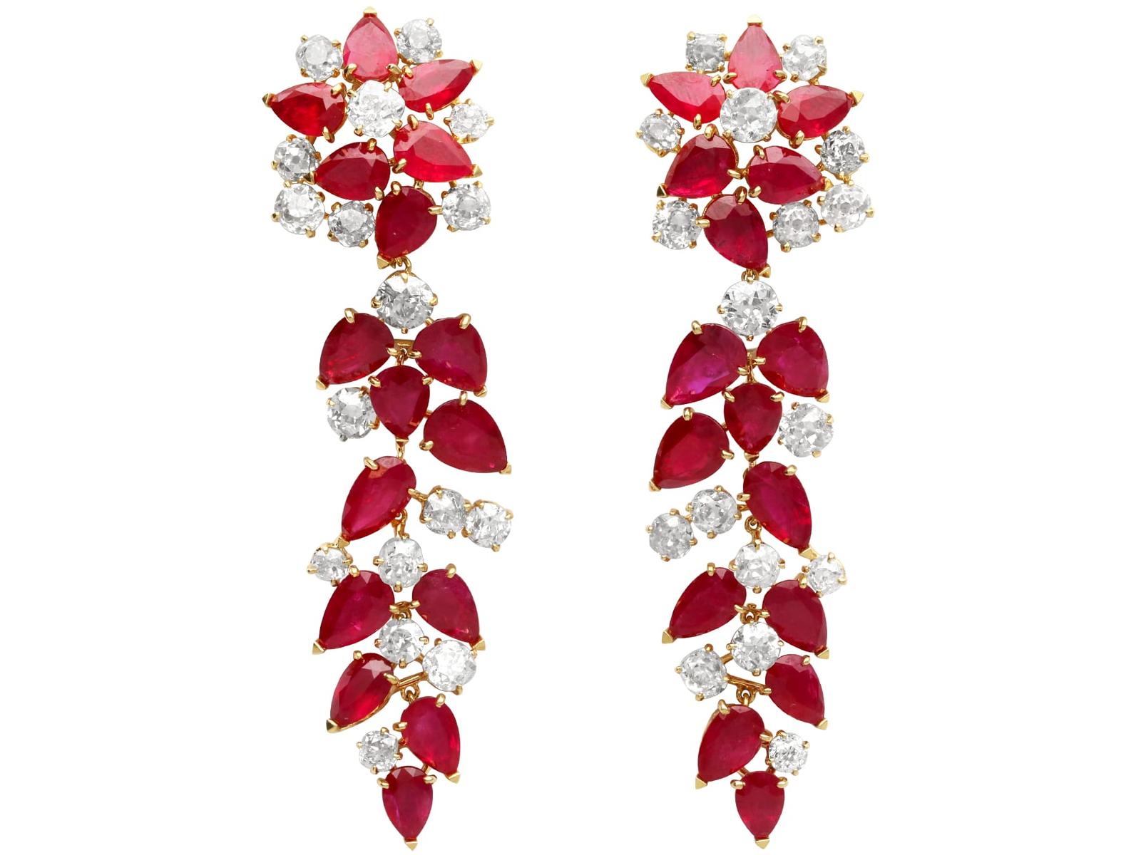 Antique and Vintage 26.80ct Burmese Ruby and 15.50ct Diamond, 18k Yellow Gold Drop Earrings (1 of 13)