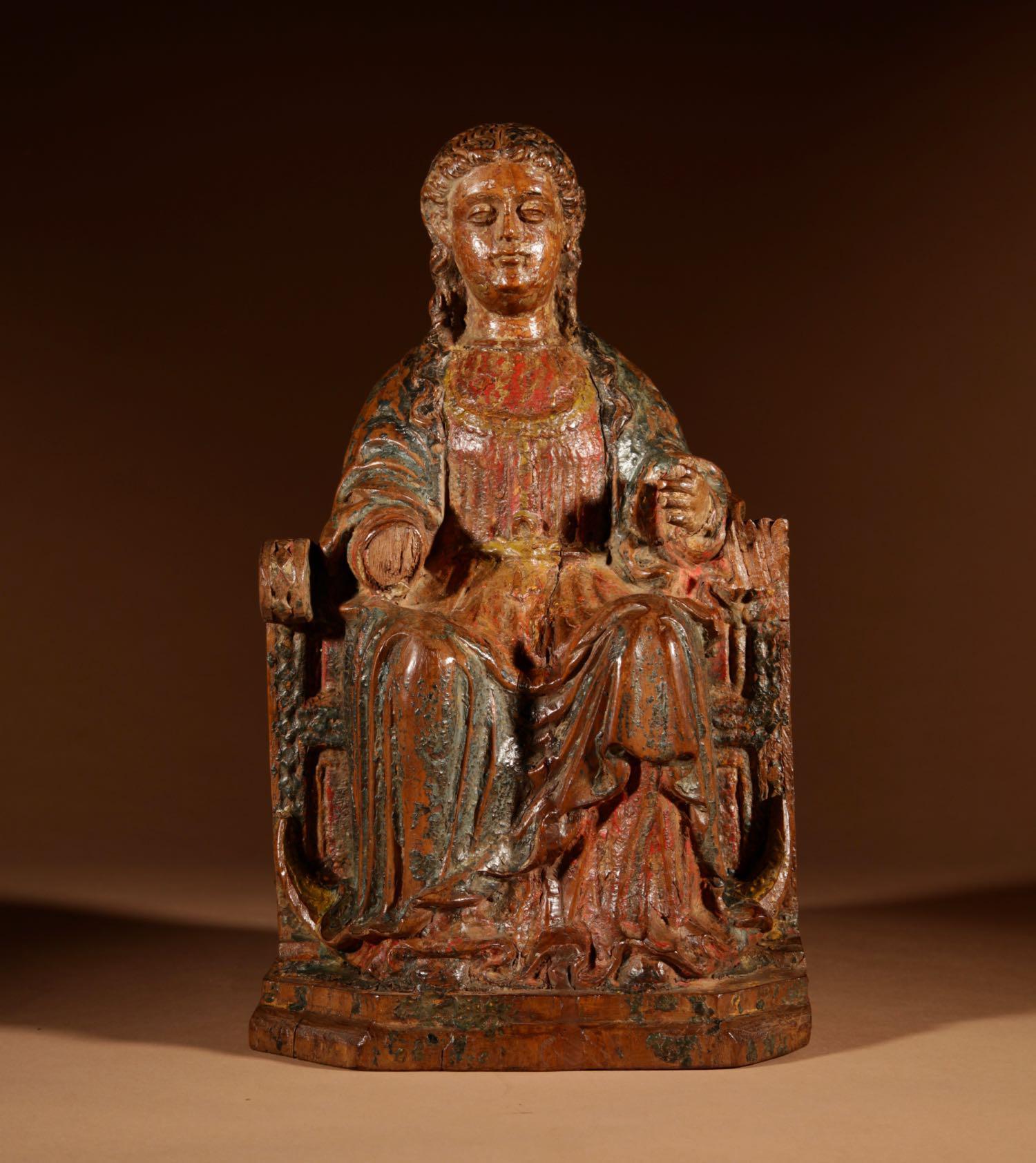 Interesting Walnut Sculpture of Madonna Seated on Throne c.1570 (1 of 13)