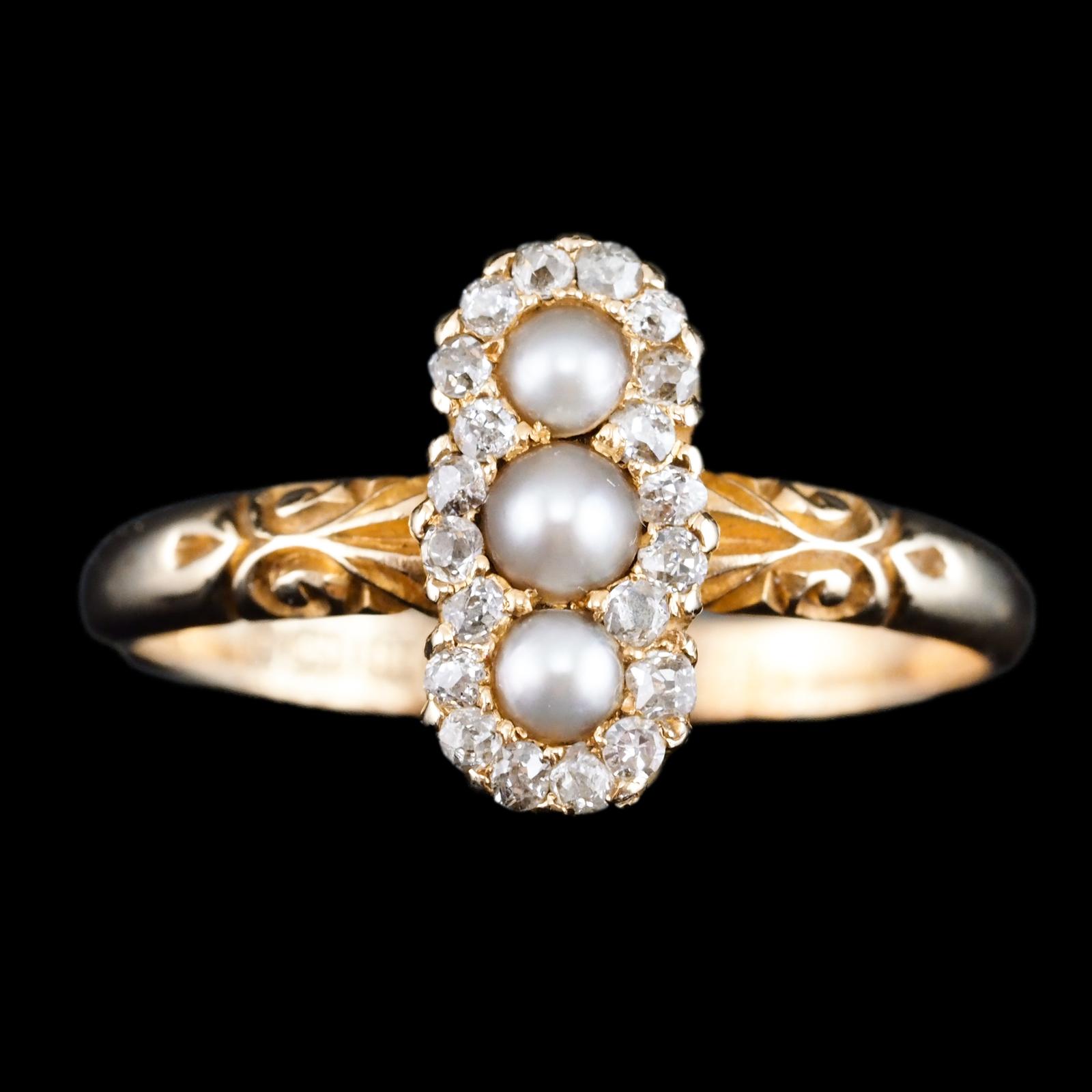 Antique Victorian Diamond & Pearl Triple Cluster Ring 18ct Gold c.1900 (1 of 12)