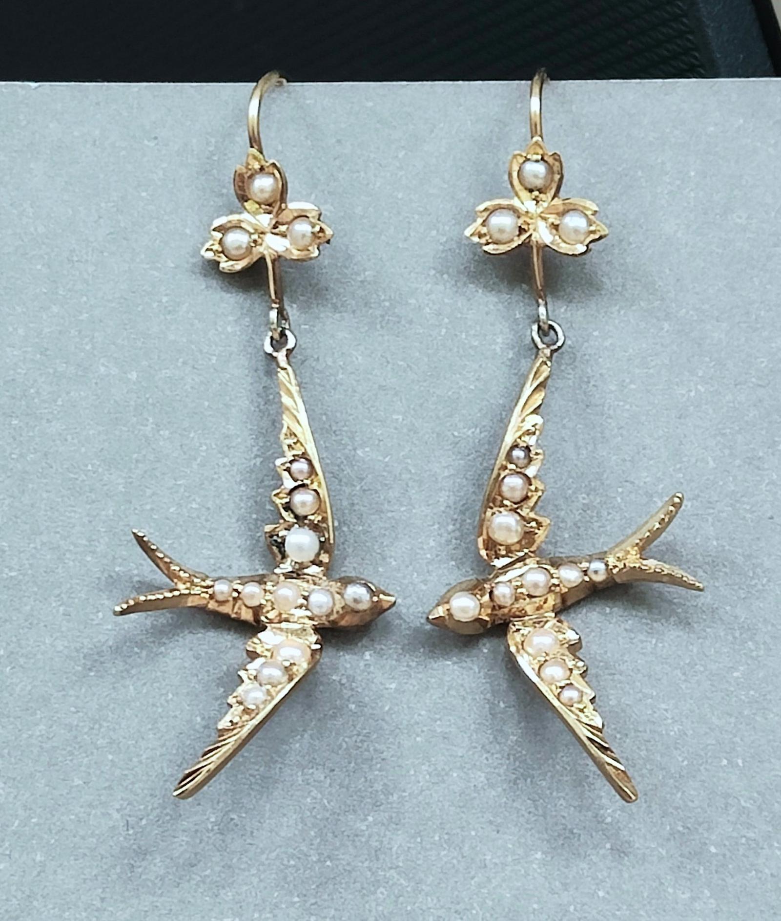 Victorian 15ct Gold Pearl Swallow Earrings (1 of 10) Victorian 15ct Gold Pearl Swallow Earrings (1 of 10)