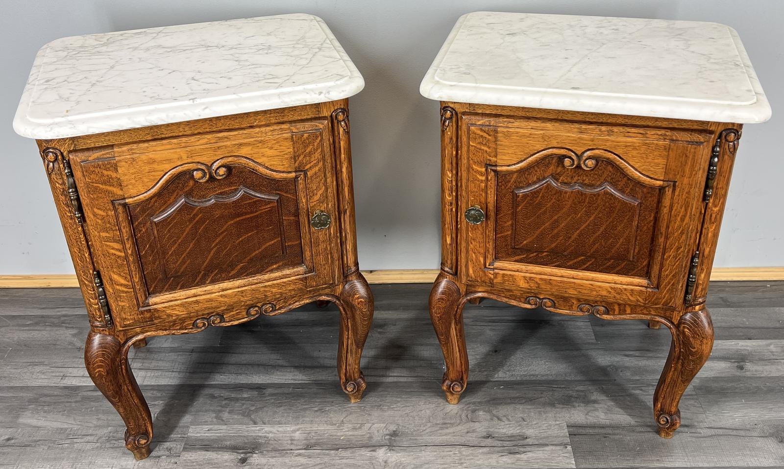 Pair of Vintage French Oak Bedside Tables Marble Top Cabinets (1 of 12)