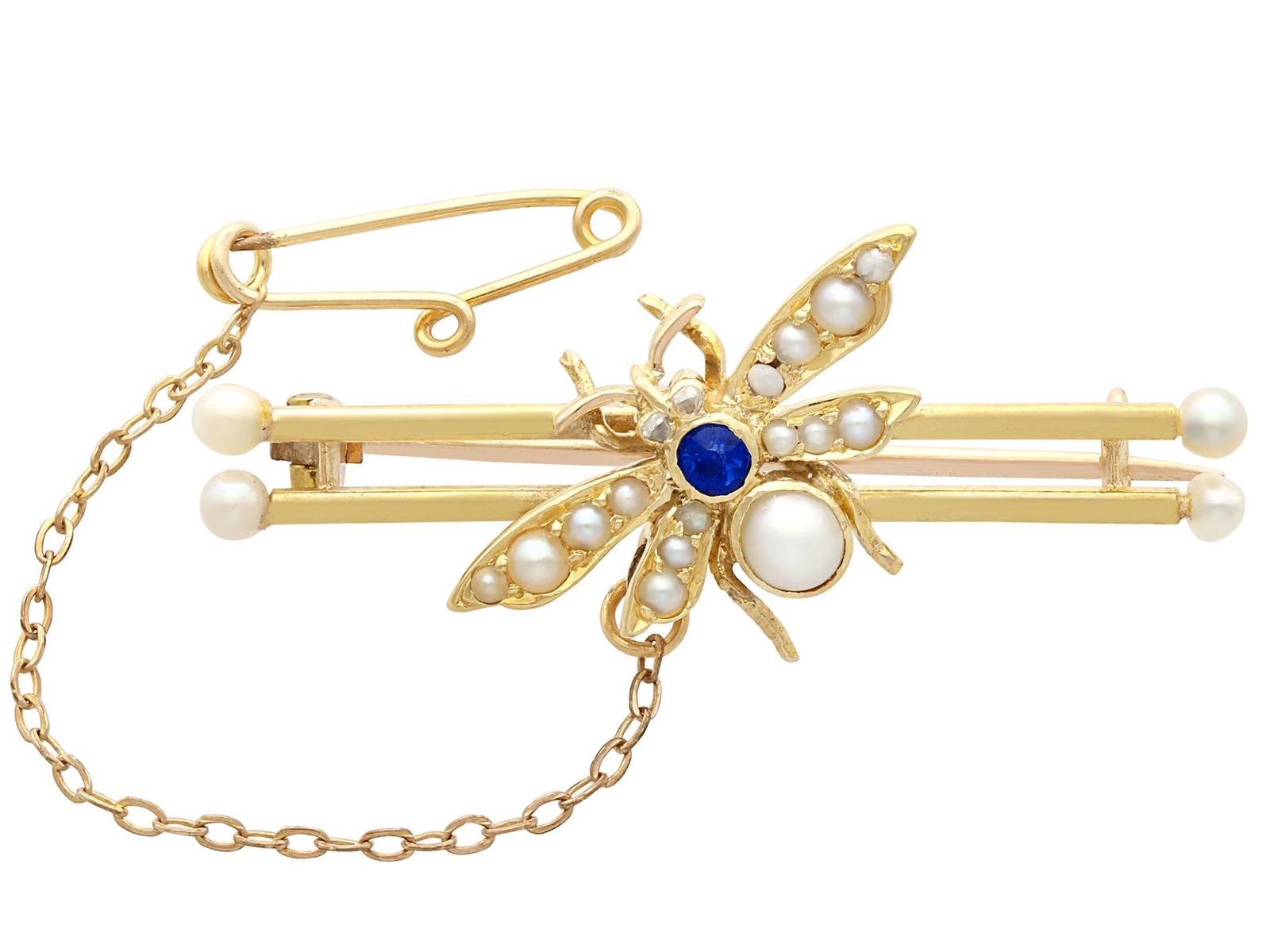 Sapphire & Diamond, Pearl 15ct Yellow Gold Insect Brooch - Antique Victorian (1 of 10)