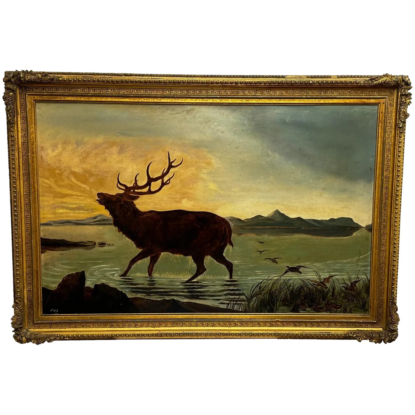 Victorian Oil Painting Wild Stag Male Deer Scottish Highlands Wading Loch Lomond (1 of 51)