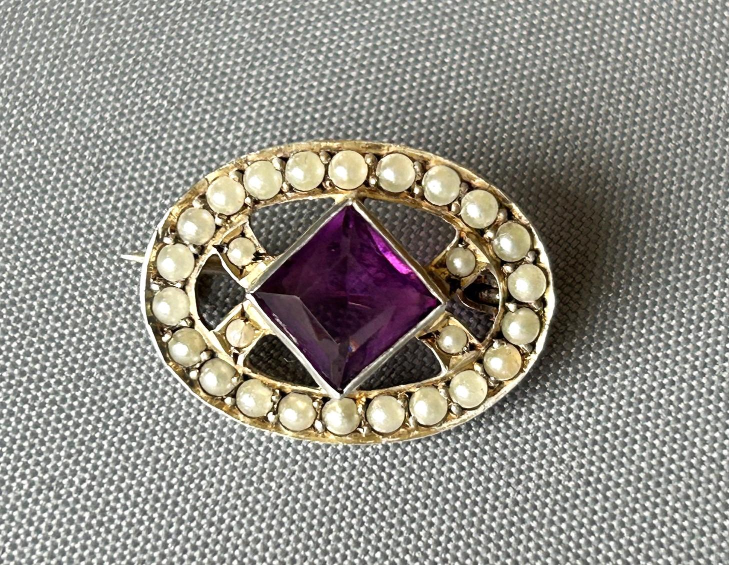 Silver, Amethyst and Seed Pearl Brooch (1 of 7)