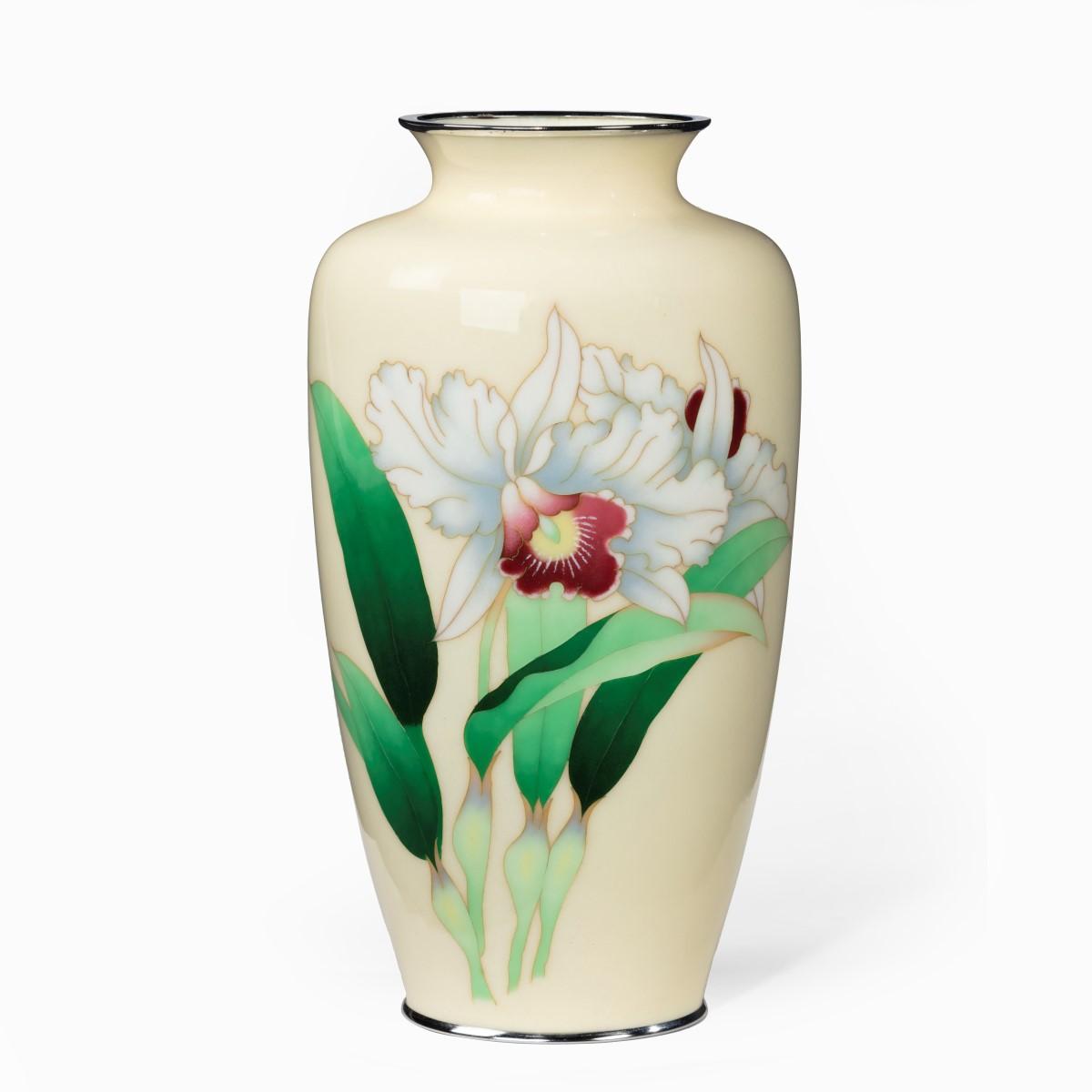 Showa Period Tall Cream Ground Cloisonne Vase (1 of 2)