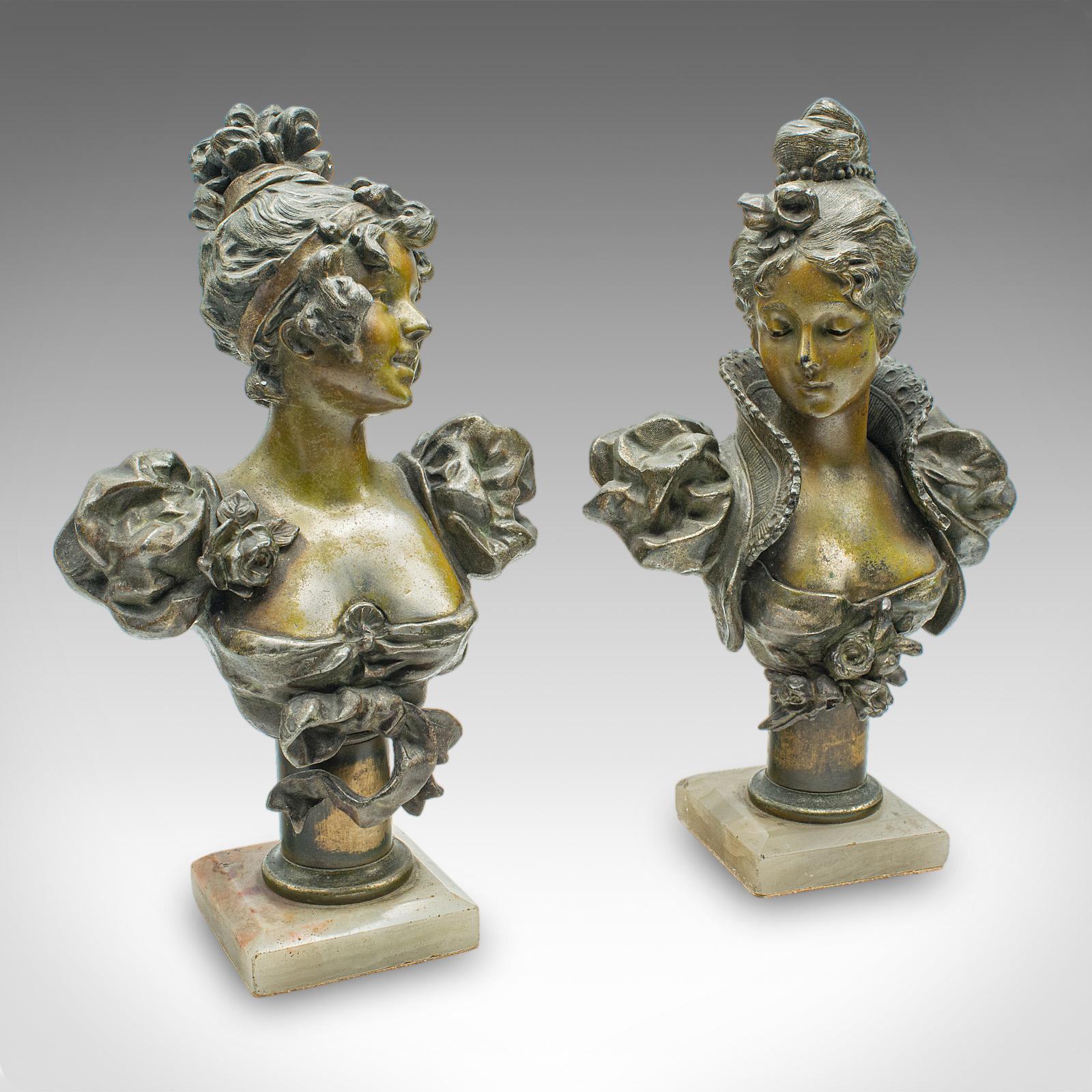 Pair of Antique Figural Bookends, French Spelter Busts - Art Nouveau c.1900 (1 of 12)