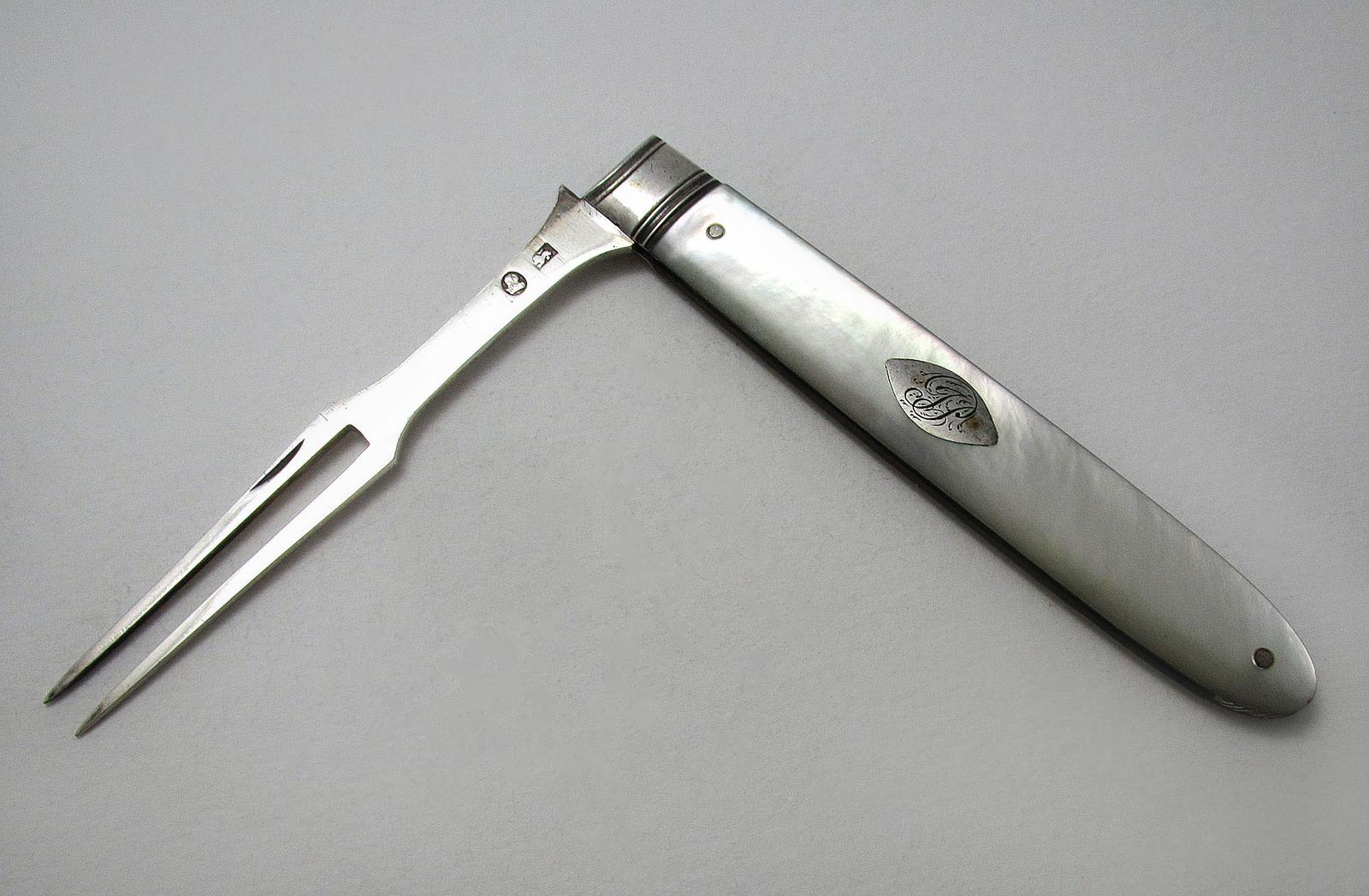 Top Quality Large George III Sheffield Antique Sterling Silver & Mother of Pearl English Georgian Folding Fruit Fork (1 of 6)