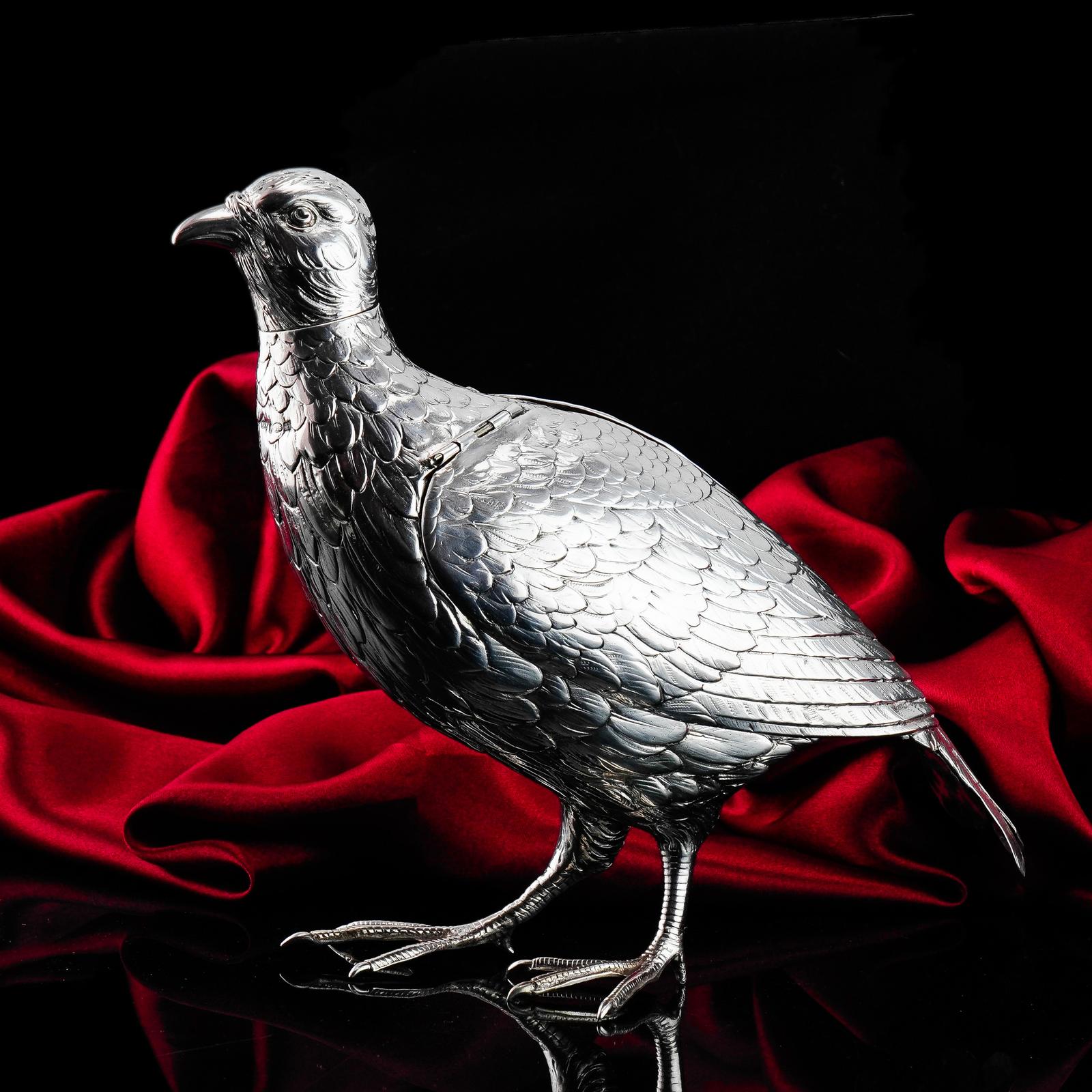 Antique Solid Silver Large Partridge/grouse Bird Model Box - Edwardian 1910 Boaz Moses (1 of 19)