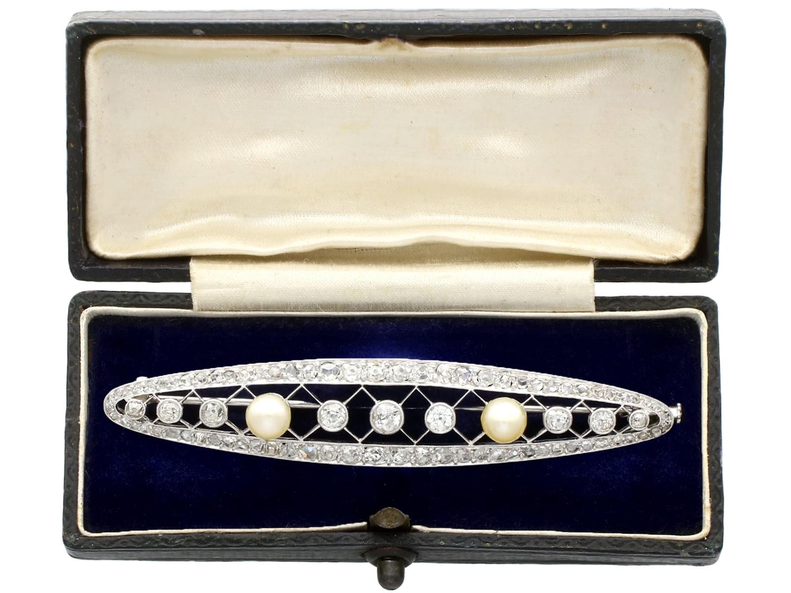 Antique French 3.46ct Diamond & Natural Pearl, Platinum Brooch c.1920 (1 of 19)