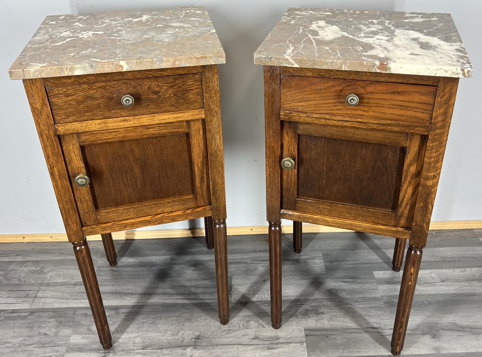 Pair of Bedside Tables Antique French Oak Marble Tops Cabinets (1 of 13)