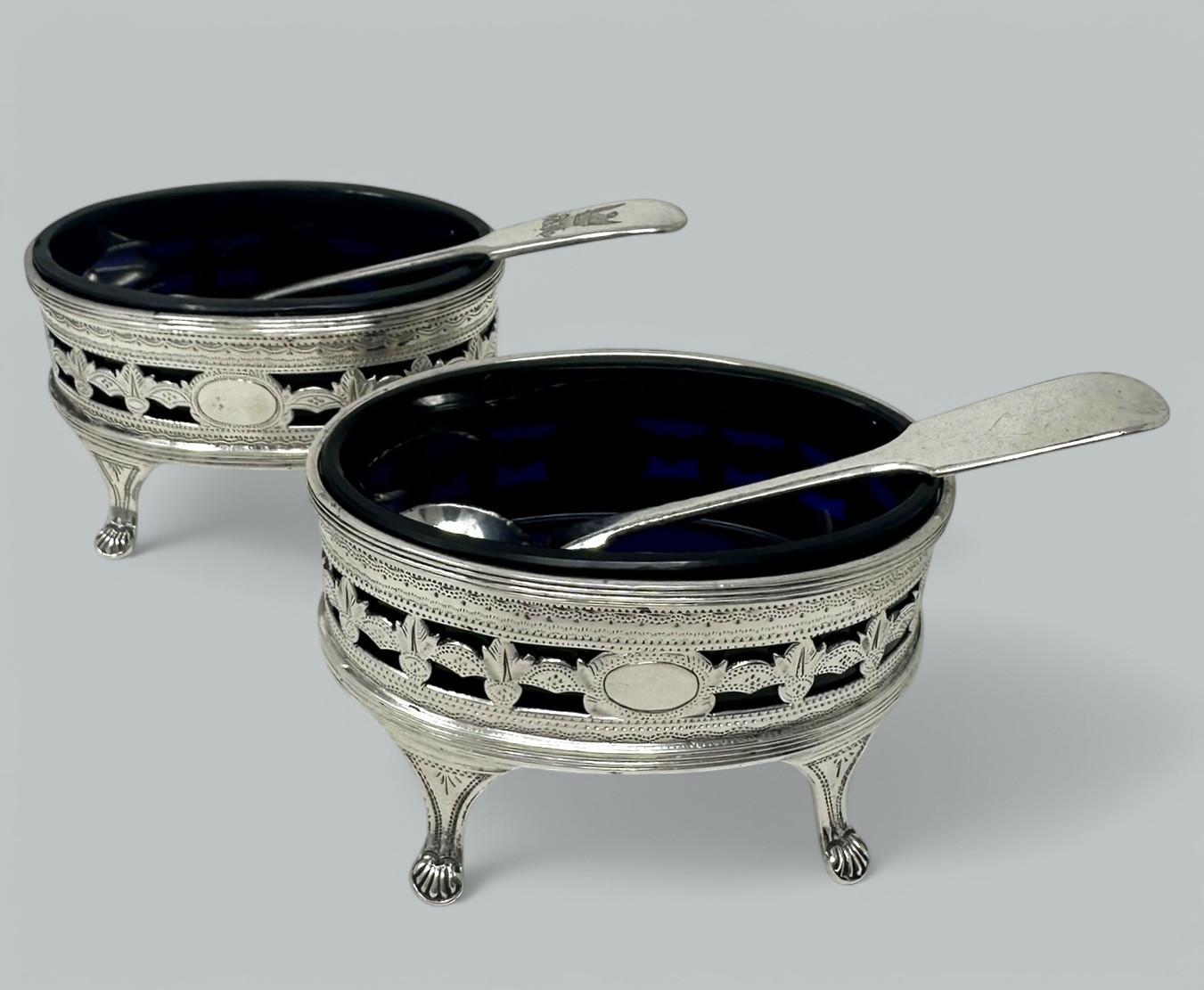 Antique Georgian Sterling Silver Set Pair Salts Glass Liners 1883 Nathan Hayes (1 of 6)