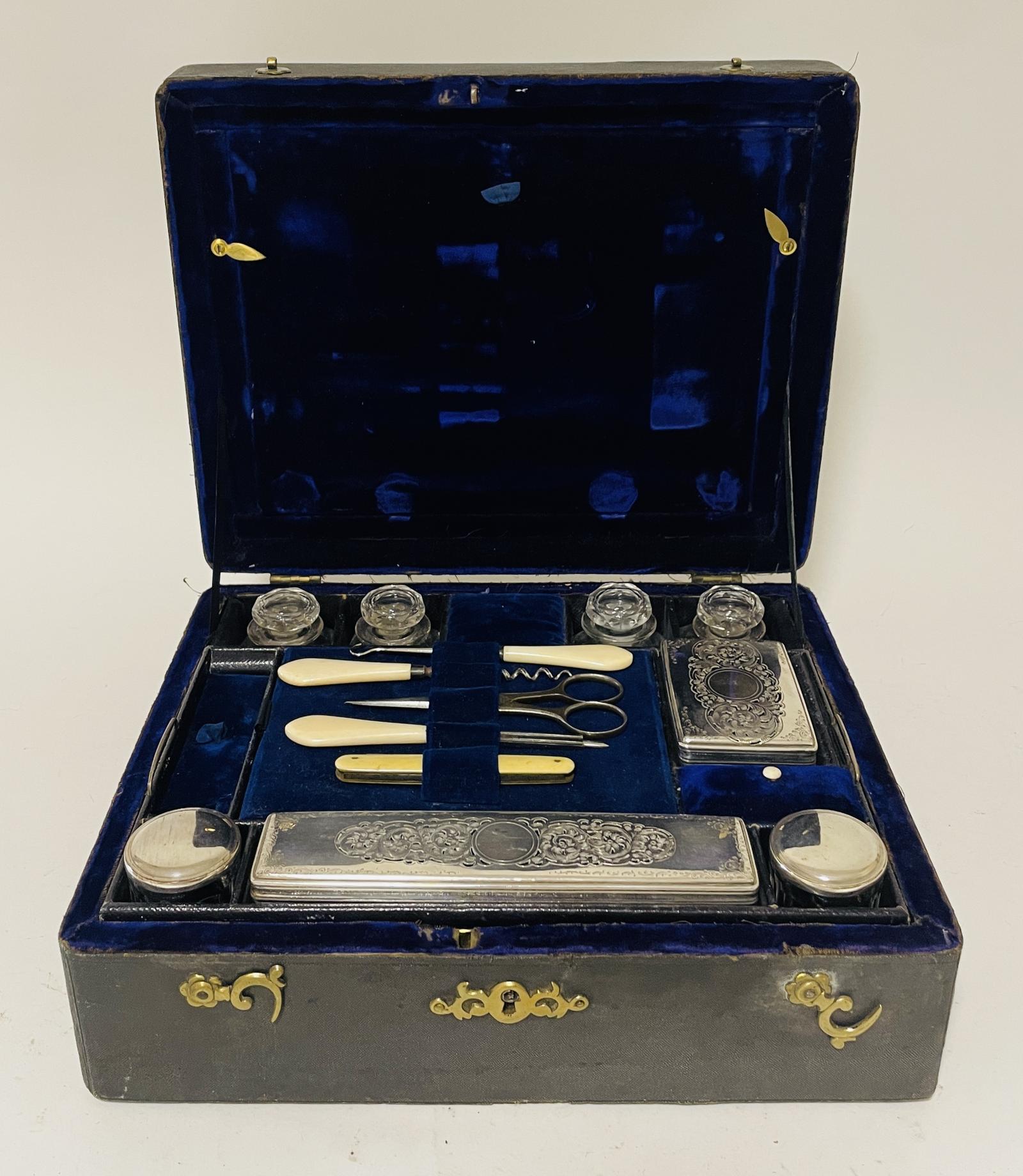 Antique Shagreen Leather Silver Plated Vanity Case (1 of 19)