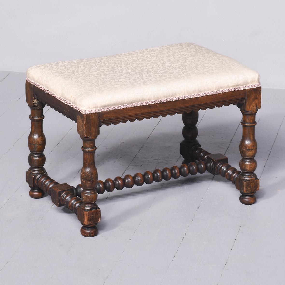 Jacobean-style Upholstered, Oak Turned-leg Stool (1 of 7)